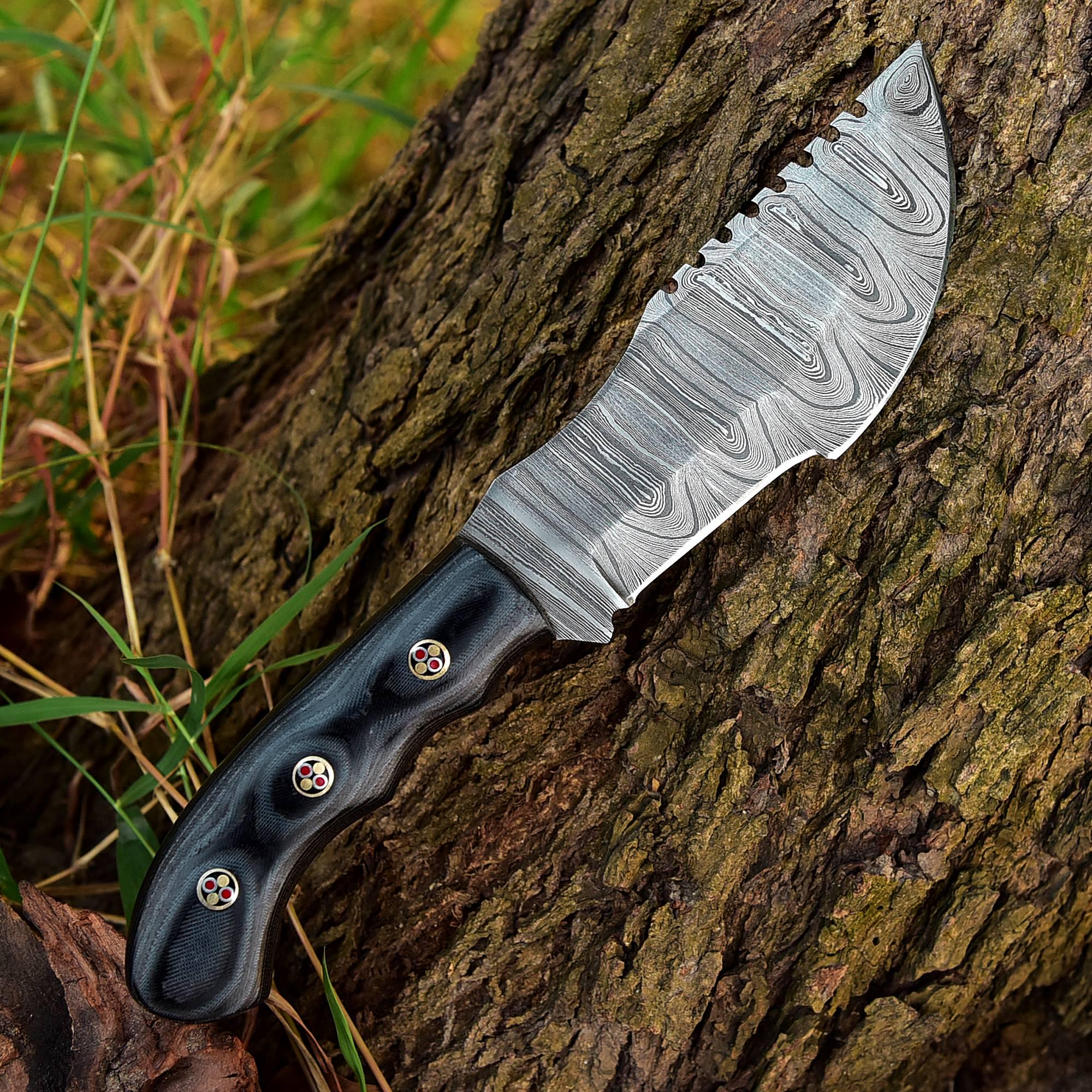 Handmade Damascus Bowie Fixed Blade Knife - Black Handle