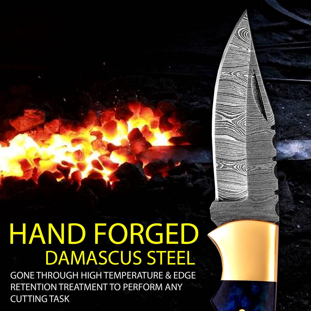 Handmade Damascus Pocket Knife Pakka Blue Handle Leather Sheath Birthday Gift Folding Knife Wedding Anniversary Personalized Gift For Men