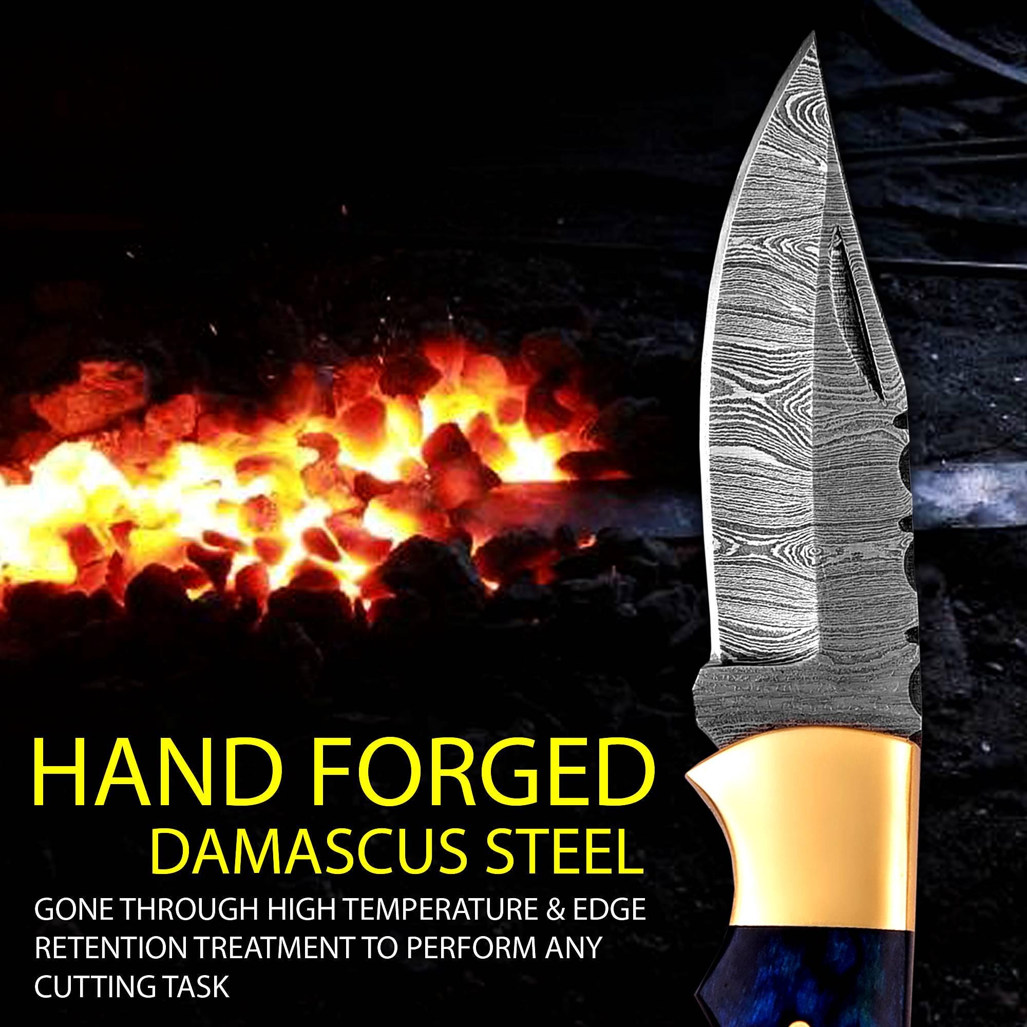 Handmade Damascus Pocket Knife Pakka Blue Handle Leather Sheath Birthday Gift Folding Knife Wedding Anniversary Personalized Gift For Men