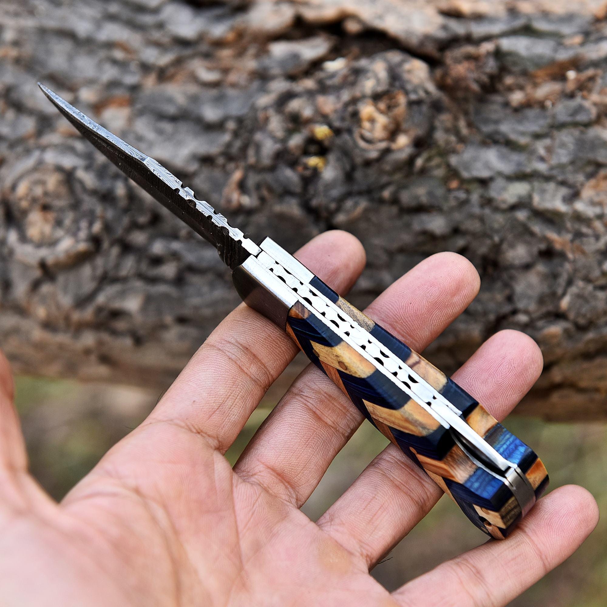 Handmade Damascus Folding Knife Pocket Knife Olive Wood Handle Birthday Gift Anniversary Wedding Personalized Gift for Men Groomsmen Gift