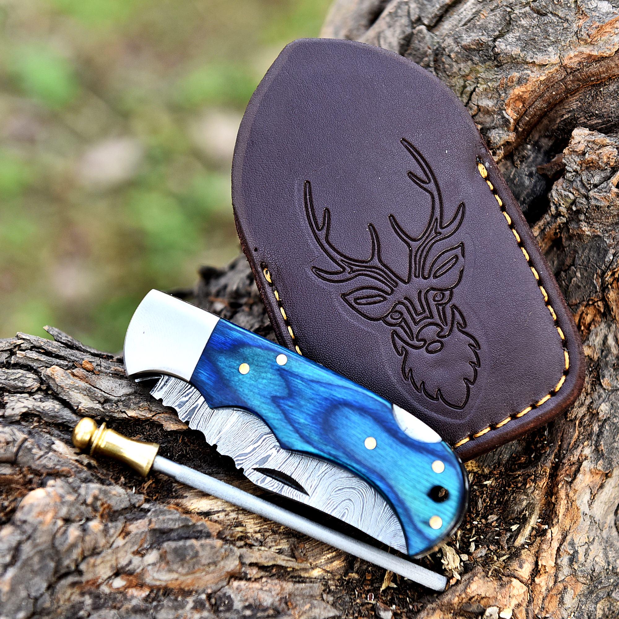 Handmade Damascus Folding Knife Pocket Knife with Leather Sheath, Pakka Wood Handle, Camping Knife, Retirement Gift For Him, Fathers Day