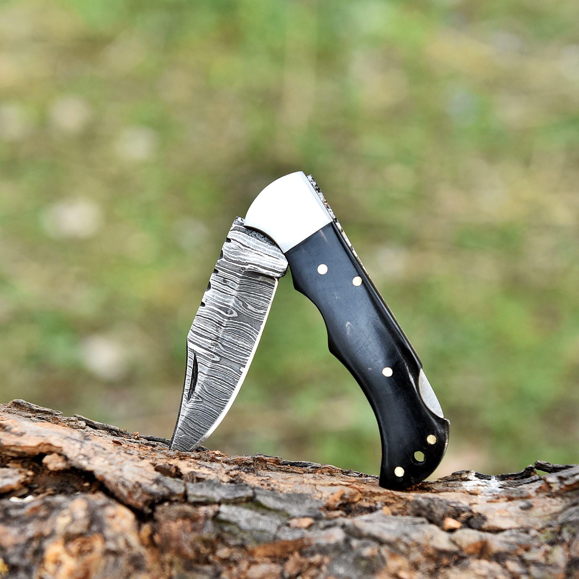 Handmade Damascus Pocket Knife Folding knife Anniversary gift Wood Handle Birthday Gift Personalized Gift for men Black horn Hunting knife