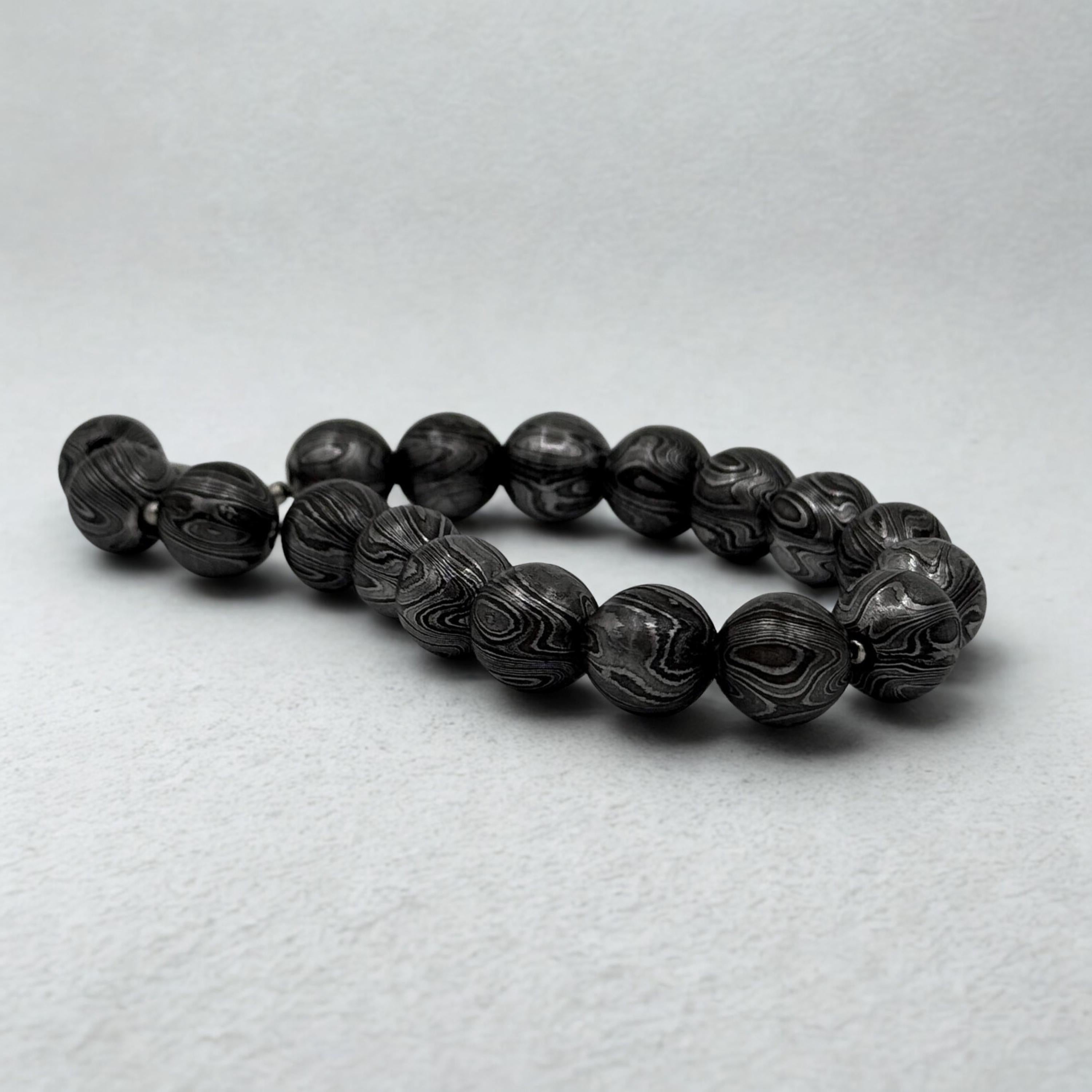 Premium Handmade Damascus Beaded Bracelet for Him - 12mm Beaded Bracelet - Damascus Steel Bangle - Viking Hand Forged Cuff - Meditation Toy