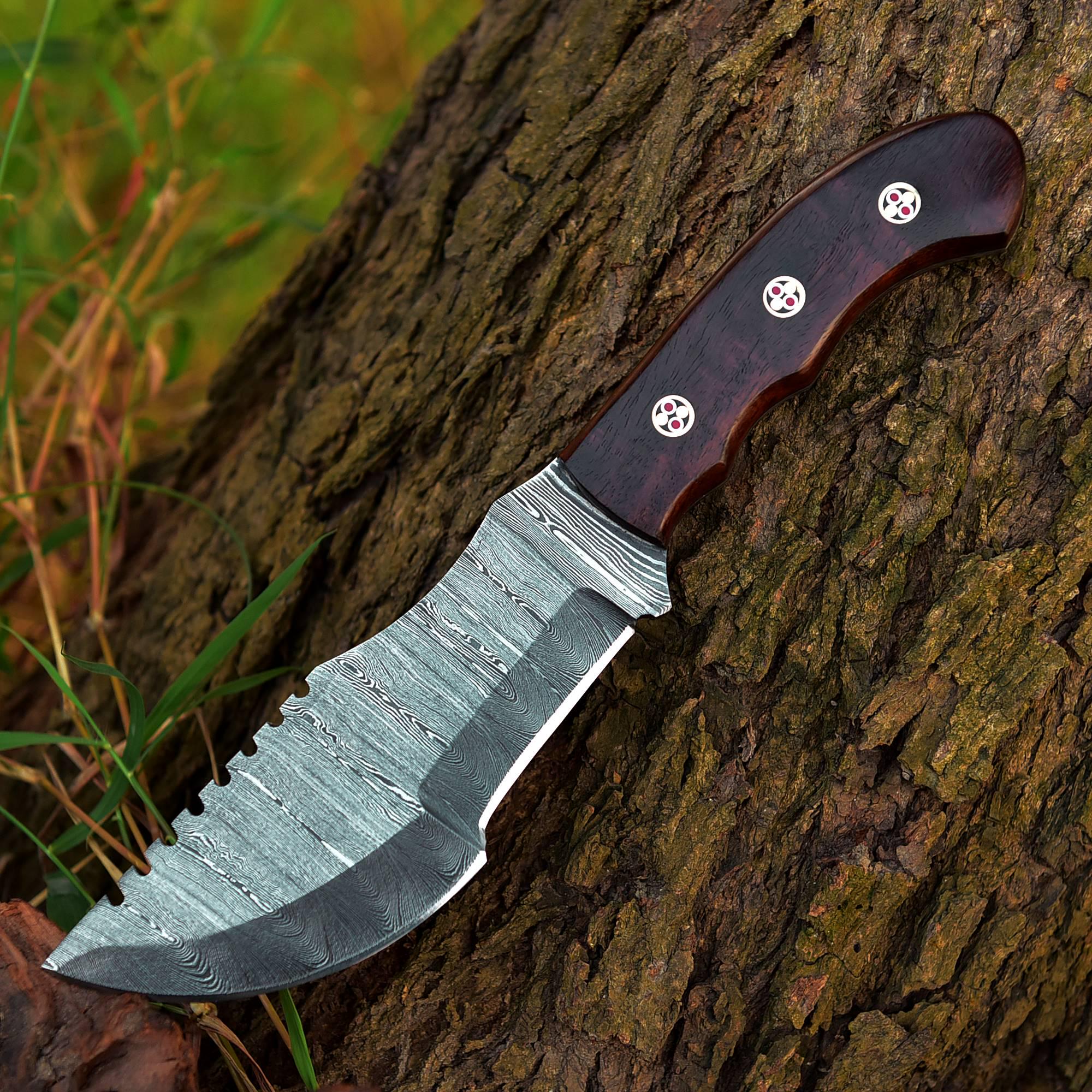 Handmade Damascus Bowie Fixed Blade Knife - Brown Handle
