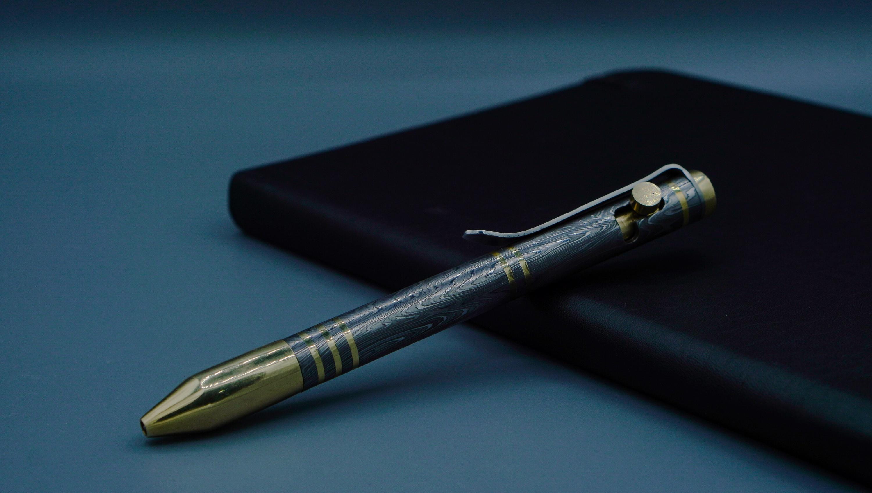 Handmade Damascus Steel Ballpoint Pen, Handcrafted Brass Accents with Pocket Clipper, Retirement Gift, Personalized Pen, Groomsman Gift
