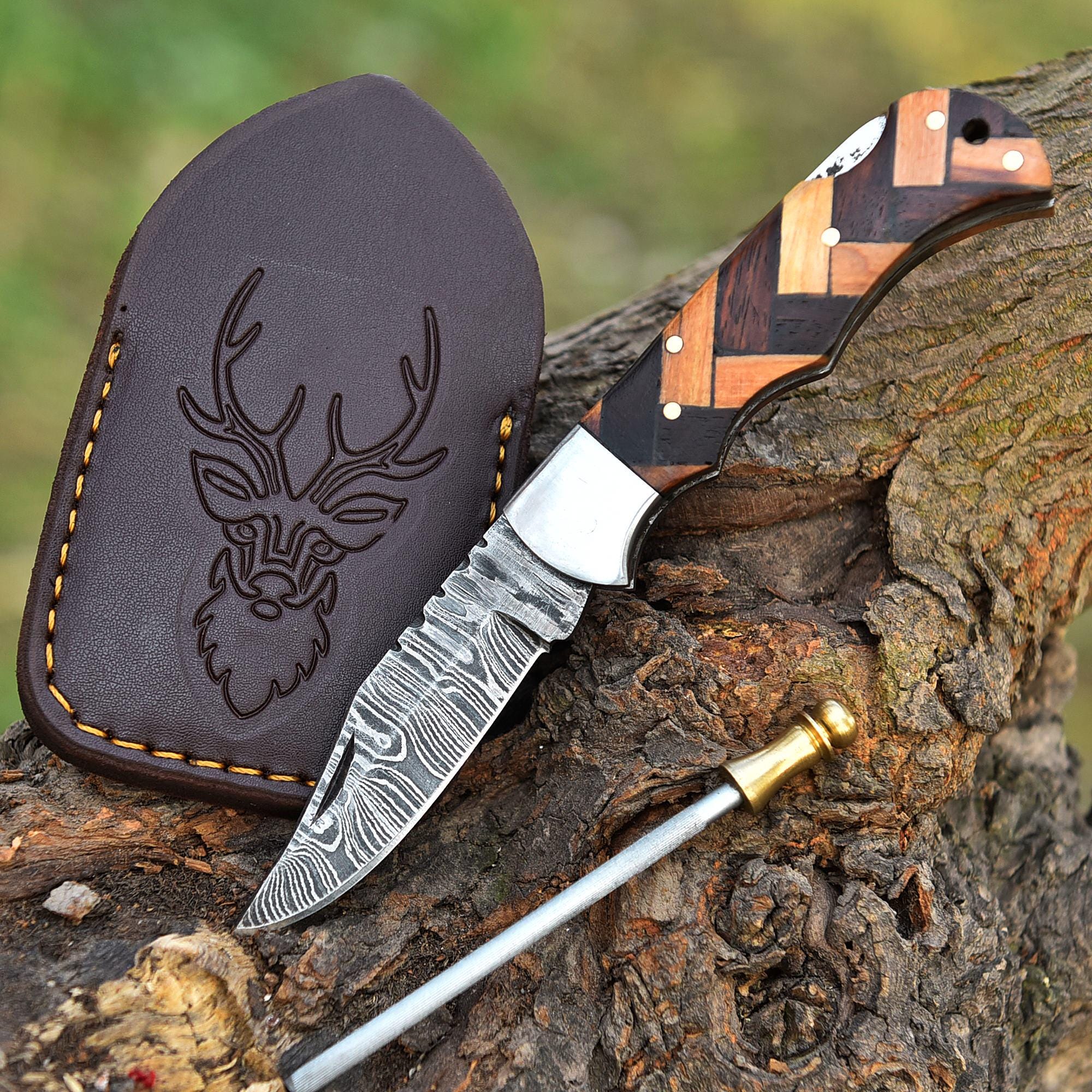 Handmade Damascus Pocket Knife Folding Knife Olive Wood Handle Birthday Gift Anniversary Wedding Personalized Gift for Men Groomsmen Gift