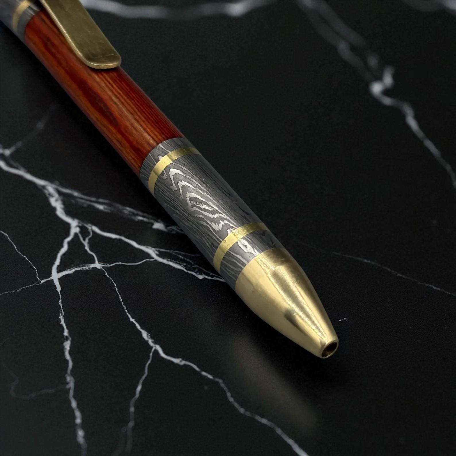 Handmade Damascus Steel Fountain Pen & Ballpoint Gift Set, Luxury Wood Pen with Brass Accents, Bolt Action, Personalized Retirement Gift