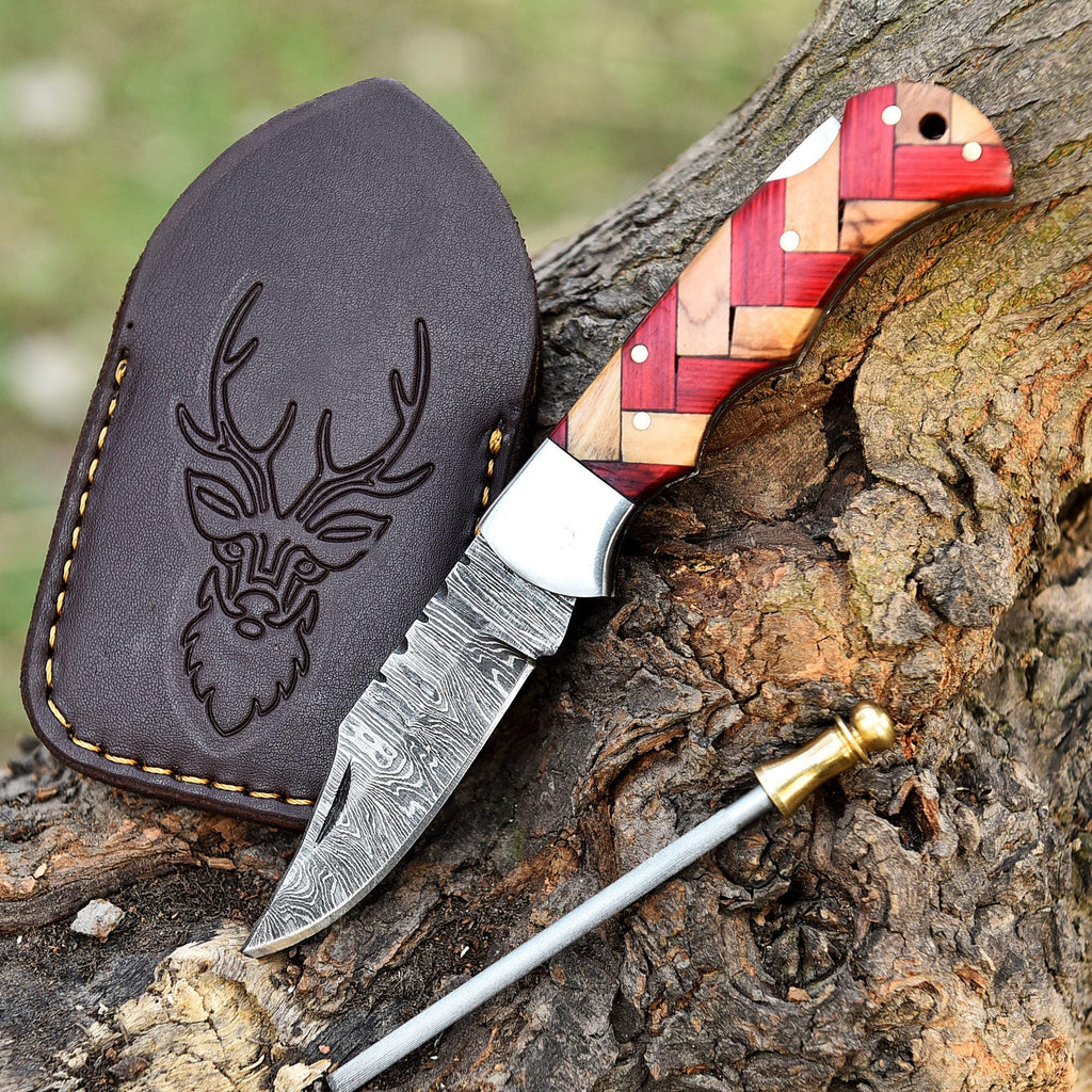 Handmade Damascus Pocket Knife Folding Knife Olive Wood Handle Birthday Gift Anniversary Wedding Personalized Gift for Men Groomsmen Gift