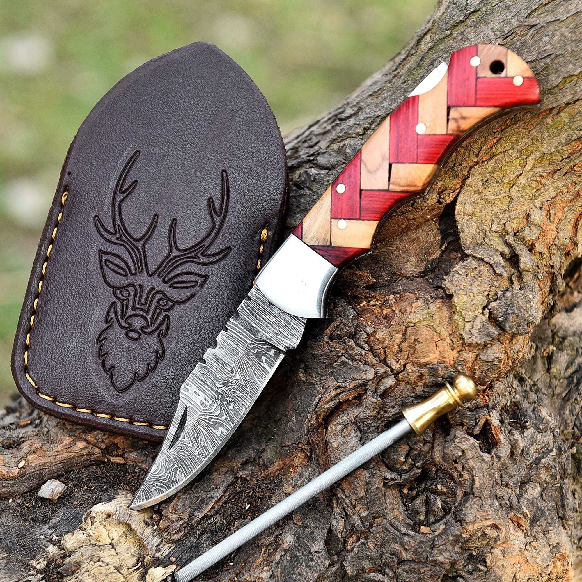 Handmade Damascus Pocket Knife Folding Knife Olive Wood Handle Birthday Gift Anniversary Wedding Personalized Gift for Men Groomsmen Gift