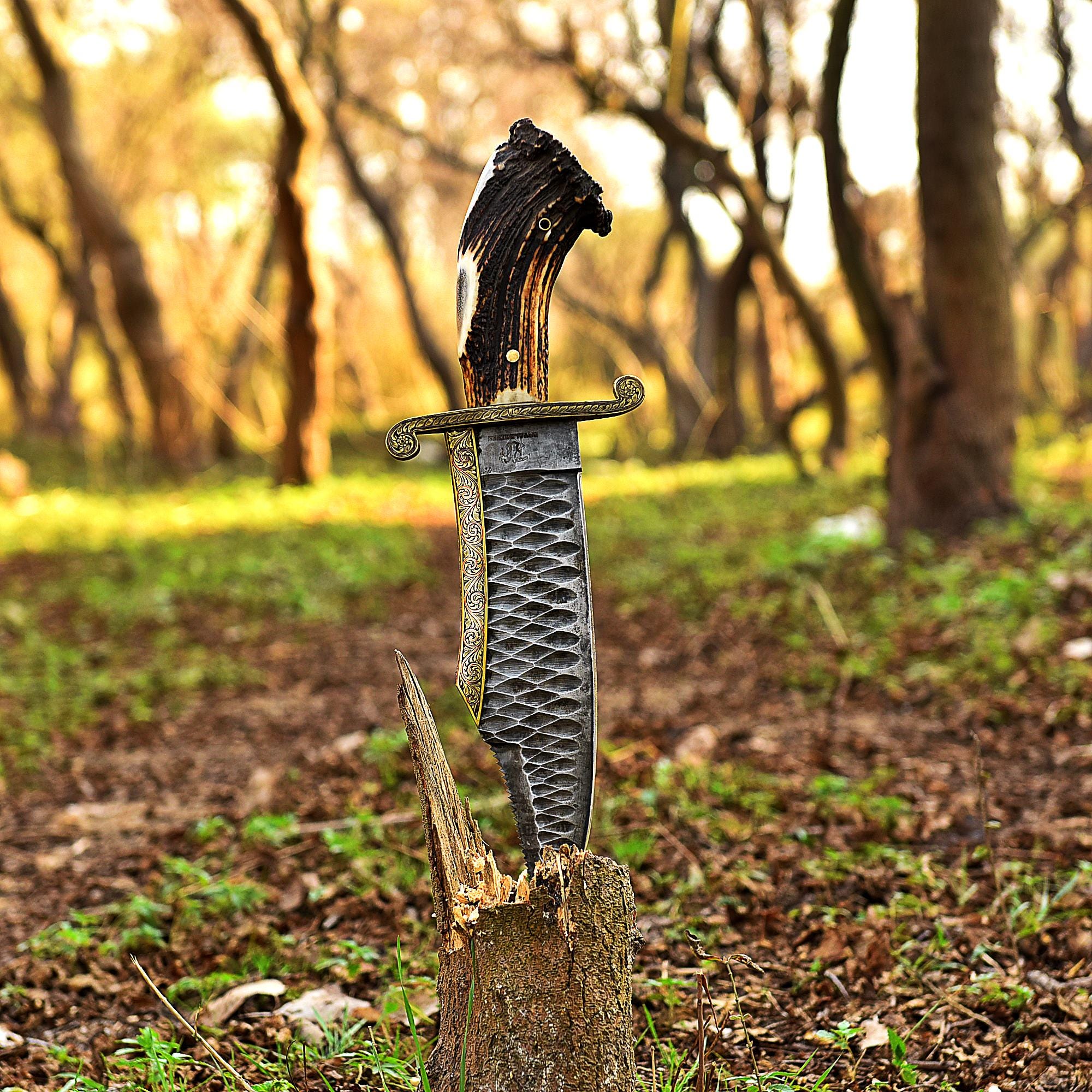 Handmade Full Tang Big Bowie Hunting Knife, Stone Washed Stainless Steel, Stag Horn Brass Handle, Hand Engraved knife, Anniversary Gift