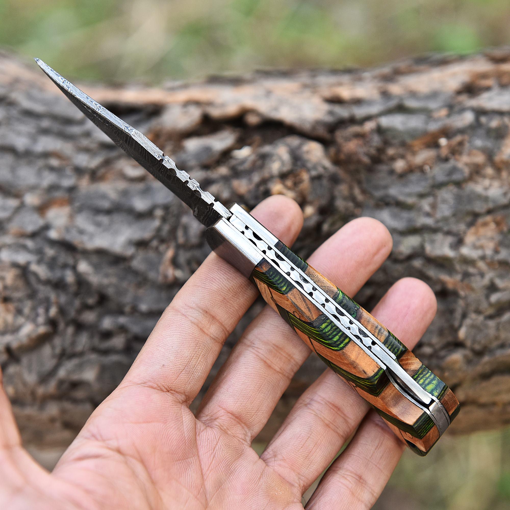 Handmade Damascus Folding Knife Pocket Knife Olive Wood Handle Birthday Gift Anniversary Wedding Personalized Gift for Men Groomsmen Gift