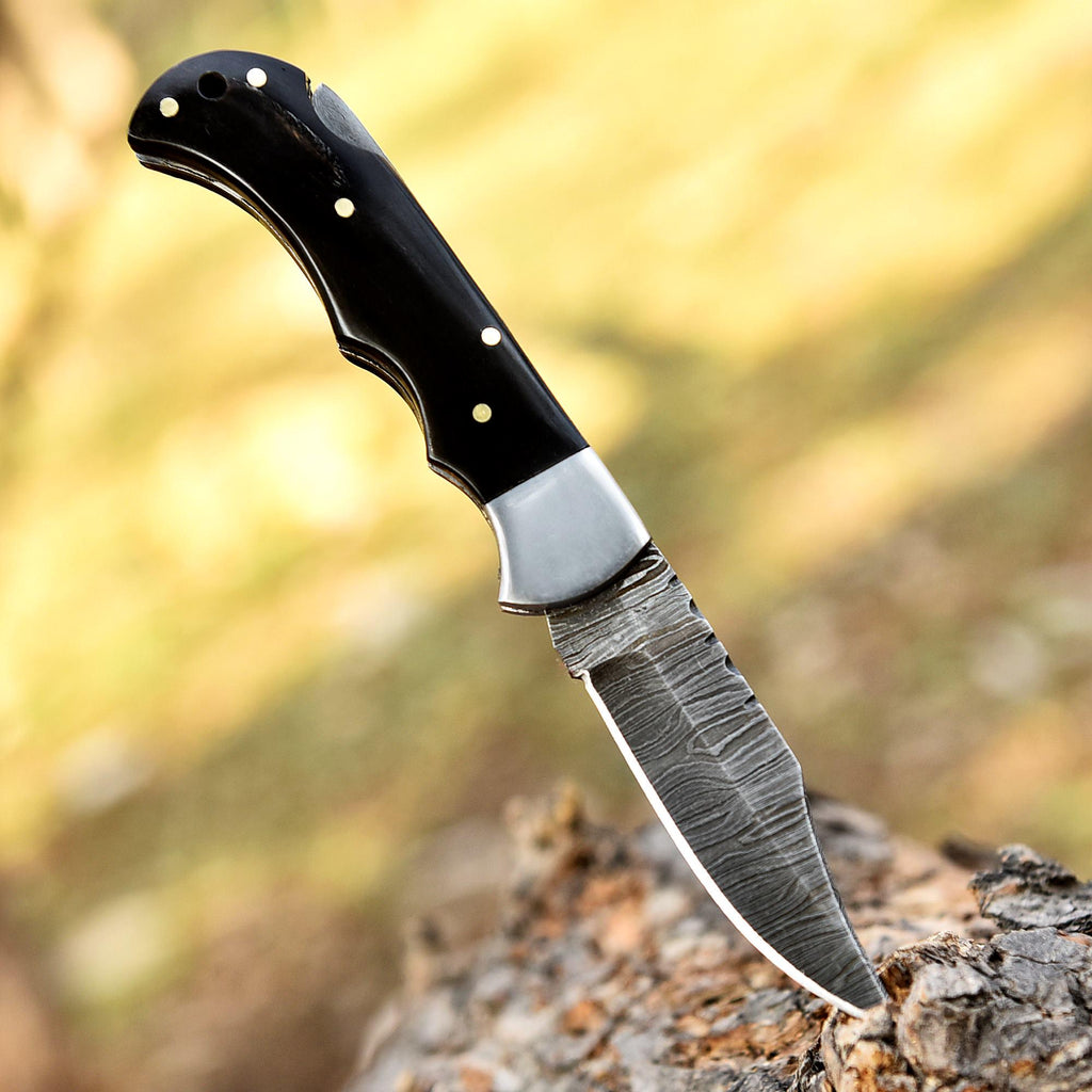 Handmade Damascus Pocket Knife Folding knife Anniversary gift Wood Handle Birthday Gift Personalized Gift for men Black horn Hunting knife