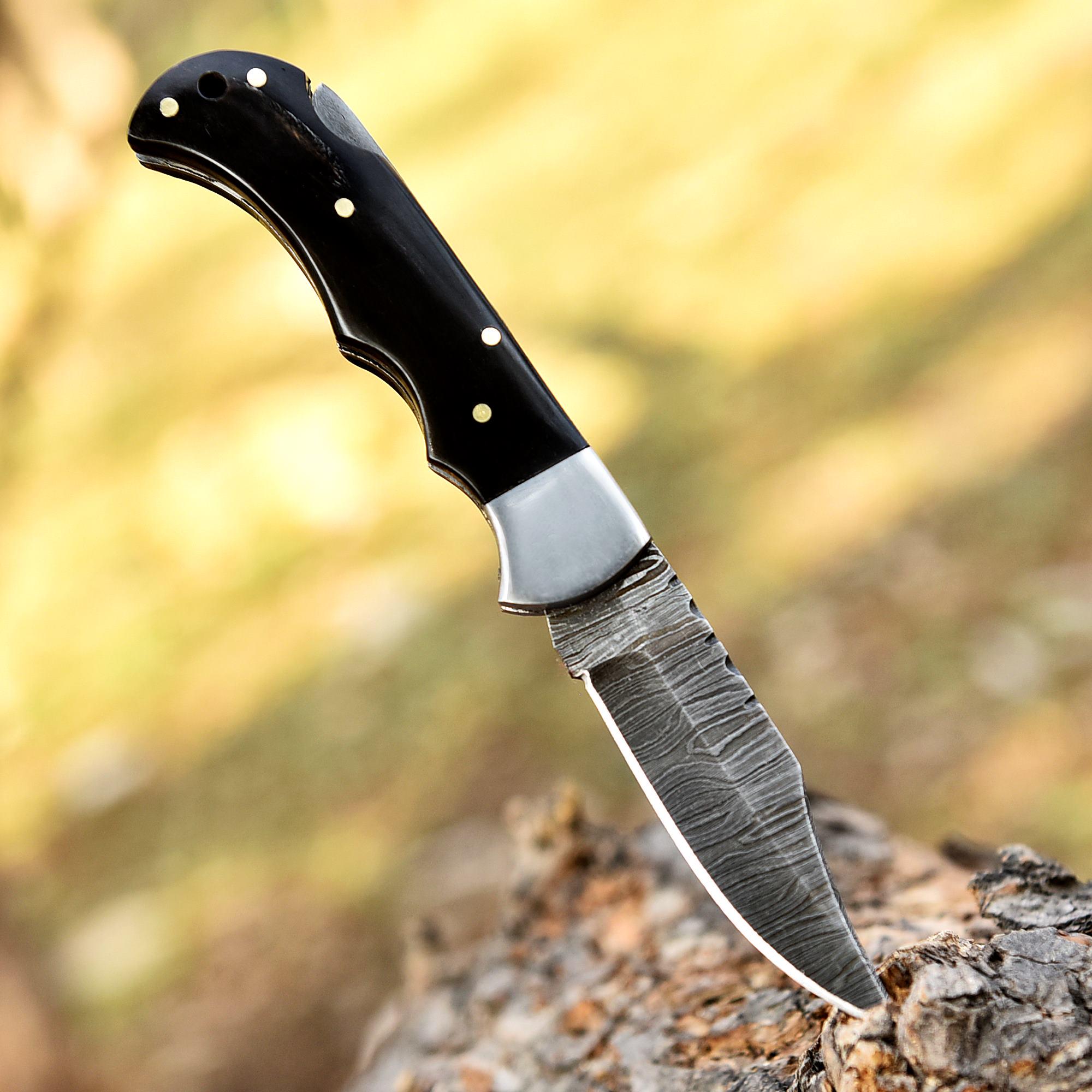 Handmade Damascus Pocket Knife Folding knife Anniversary gift Wood Handle Birthday Gift Personalized Gift for men Black horn Hunting knife