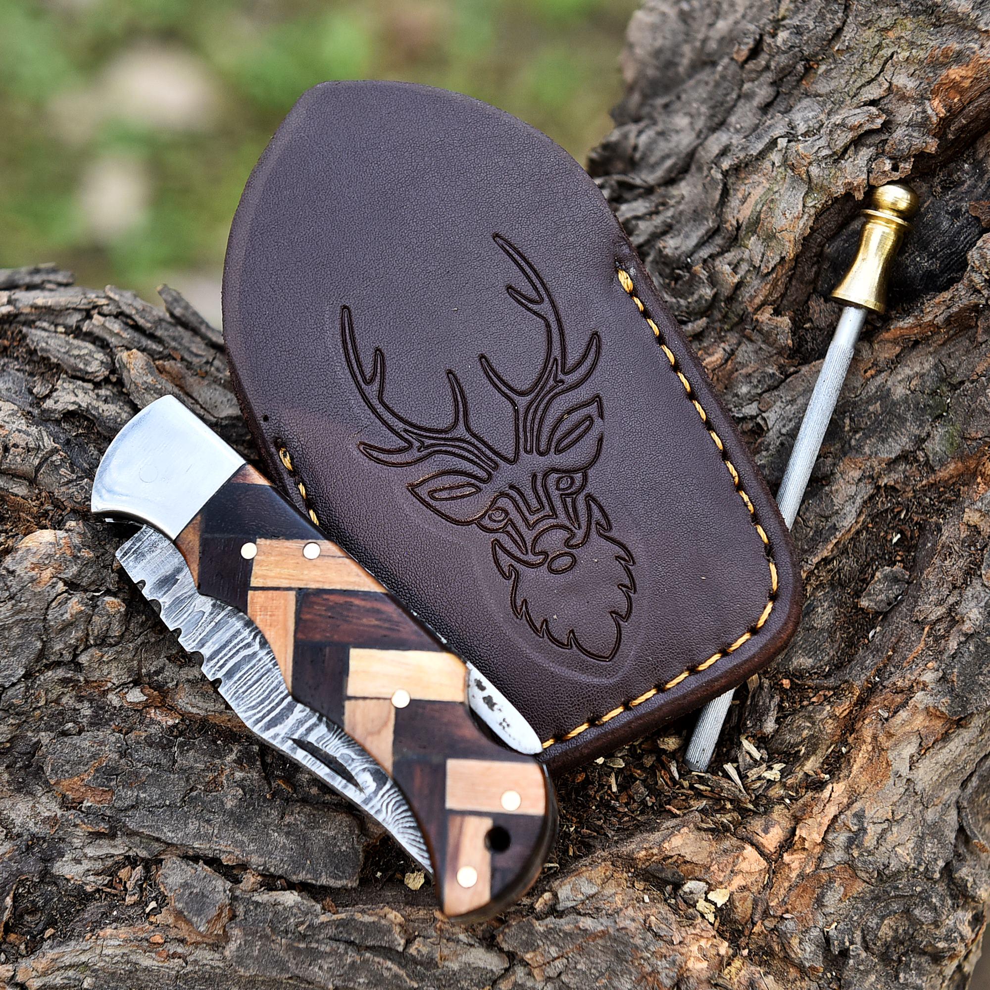 Handmade Damascus Pocket Knife Folding Knife Olive Wood Handle Birthday Gift Anniversary Wedding Personalized Gift for Men Groomsmen Gift