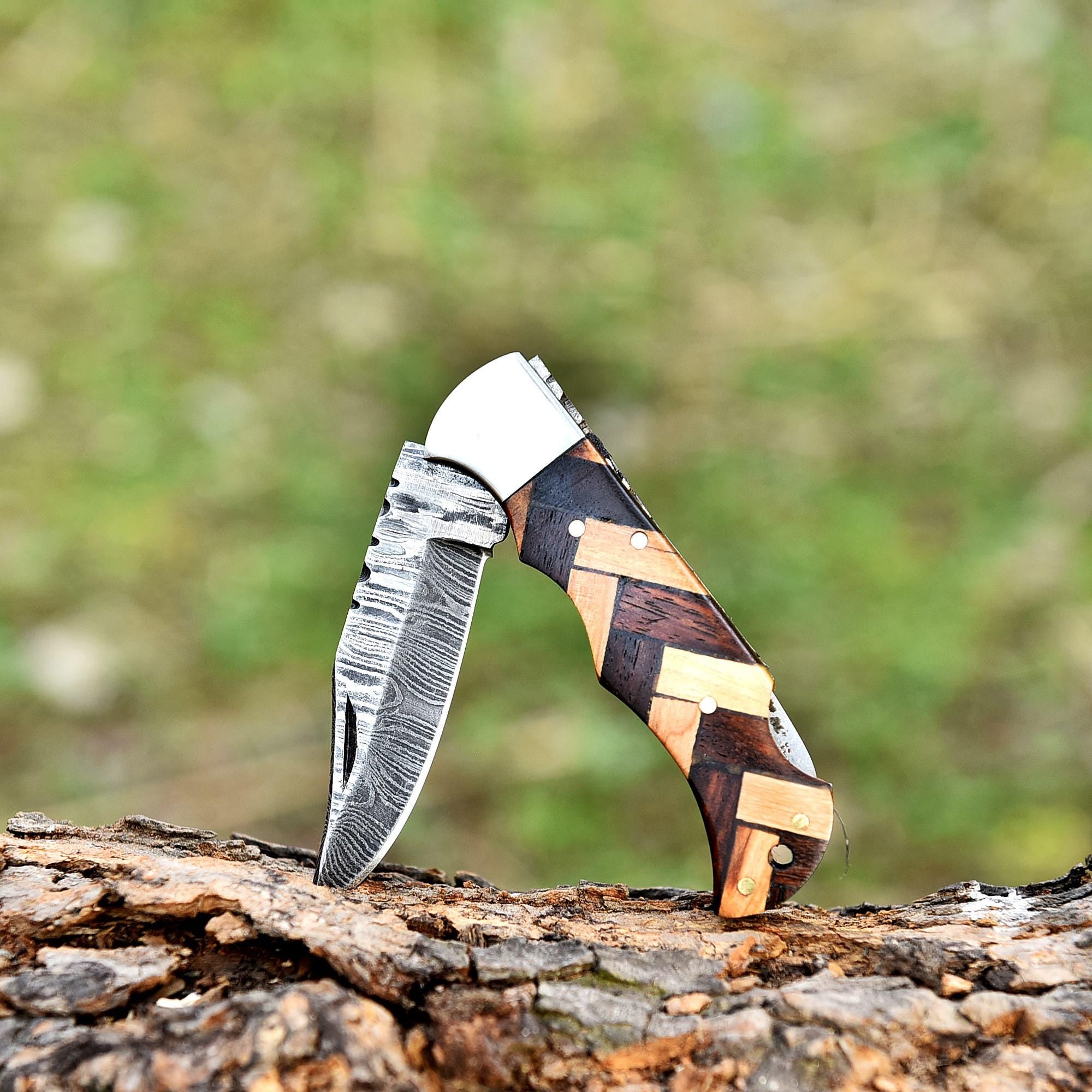Handmade Damascus Pocket Knife Folding Knife Olive Wood Handle Birthday Gift Anniversary Wedding Personalized Gift for Men Groomsmen Gift