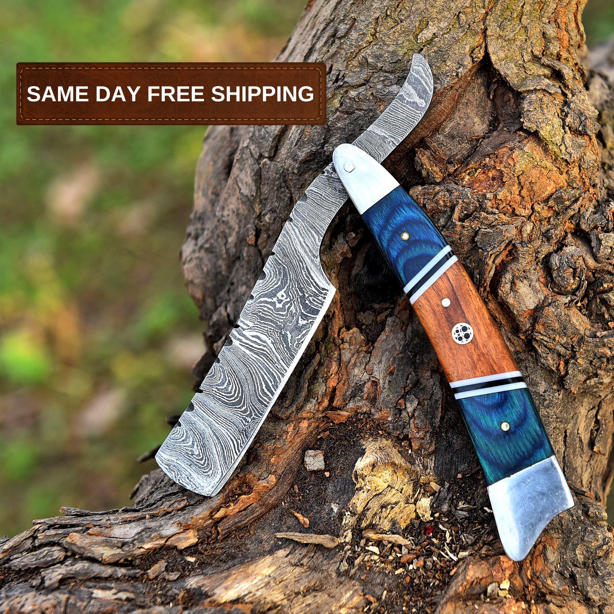 Exotic Handmade Damascus Steel Straight Razor, Blue & Brown Pakka Wood Handle, Personalized Razor, Premium Classic Barber Blade, Best Gift
