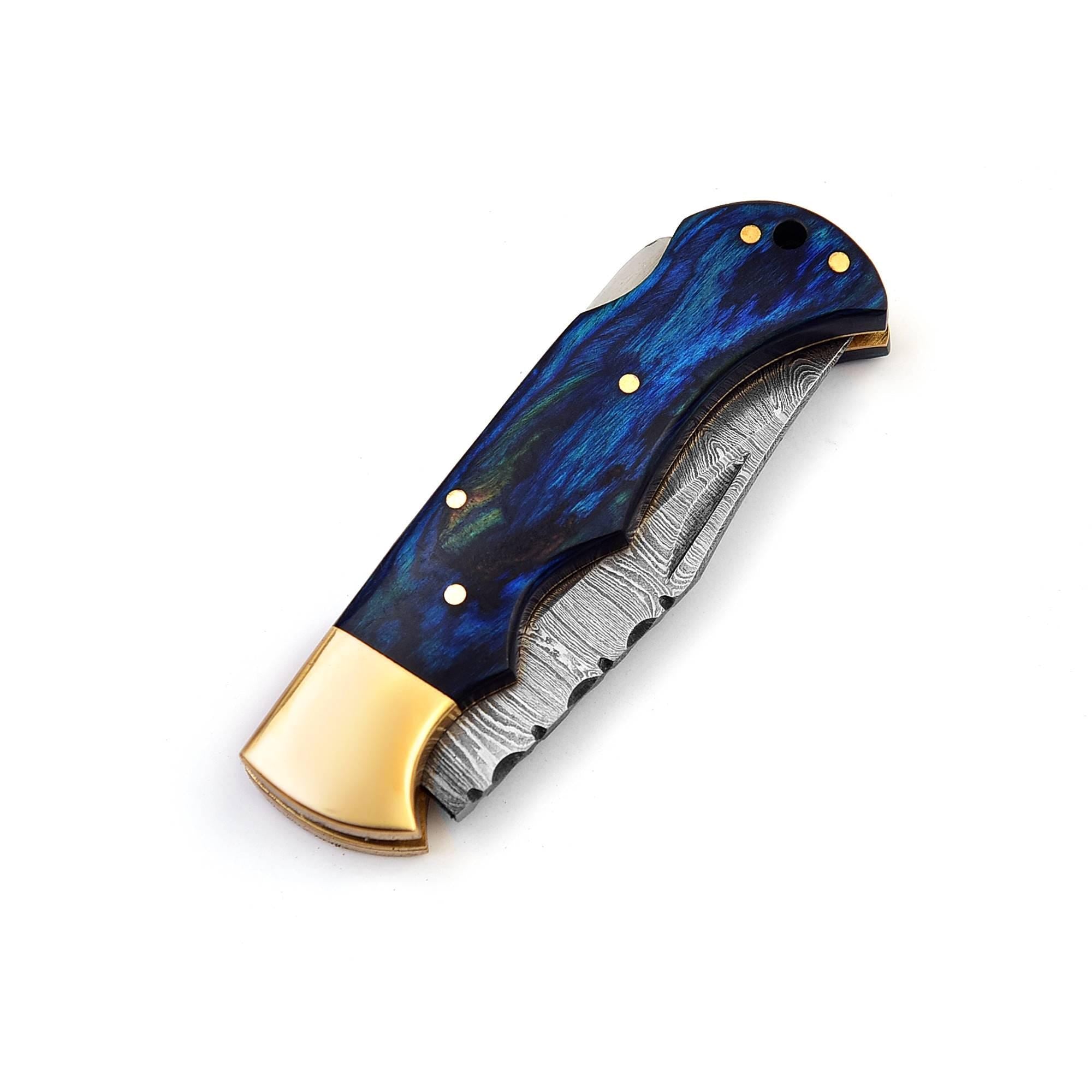 Handmade Damascus Pocket Knife Pakka Blue Handle Leather Sheath Birthday Gift Folding Knife Wedding Anniversary Personalized Gift For Men