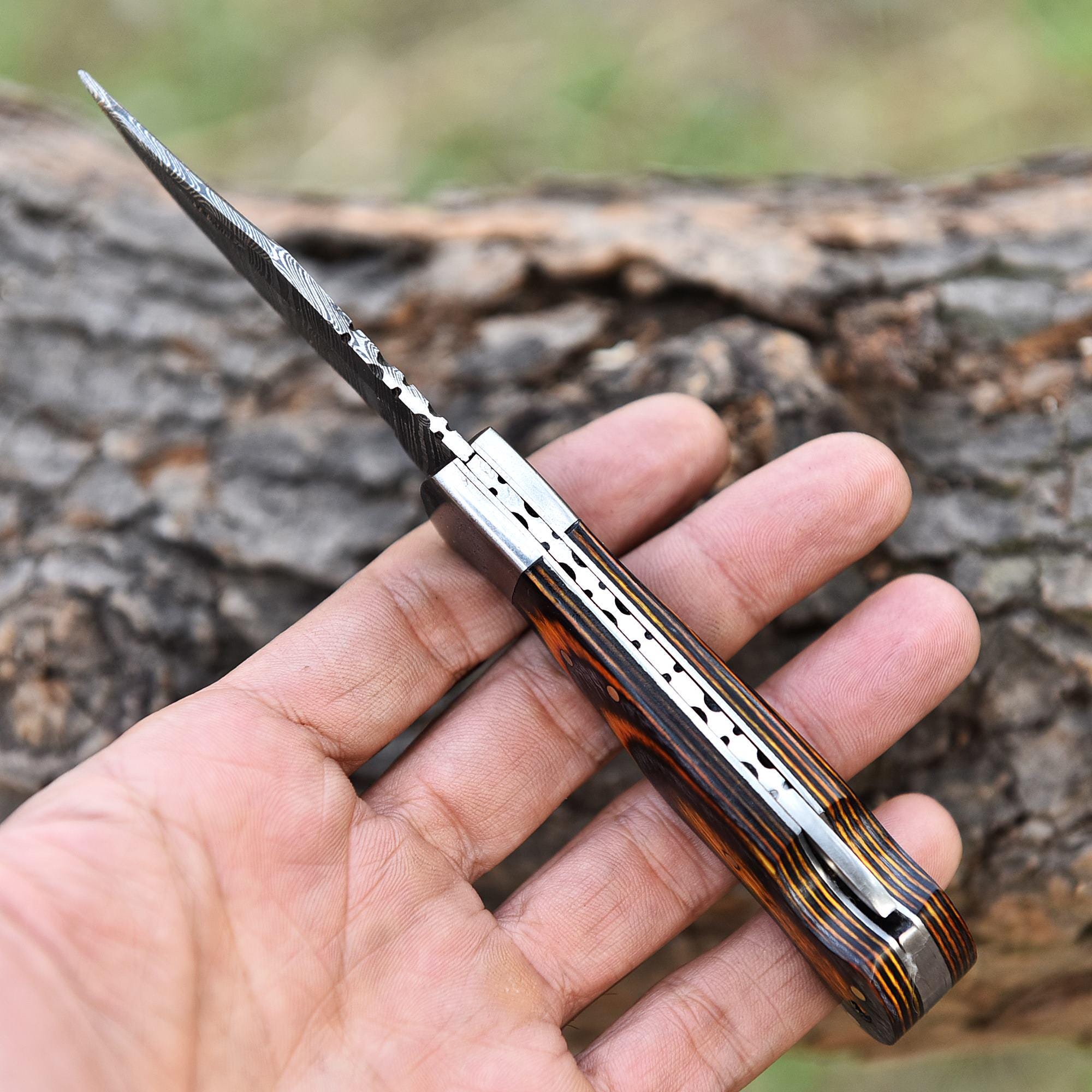 Handmade Damascus Steel Folding Knife Pocket Knife, King's Claw Pakka Wood Handle, Retirement Gift, Camping Knife, Birthday Gift