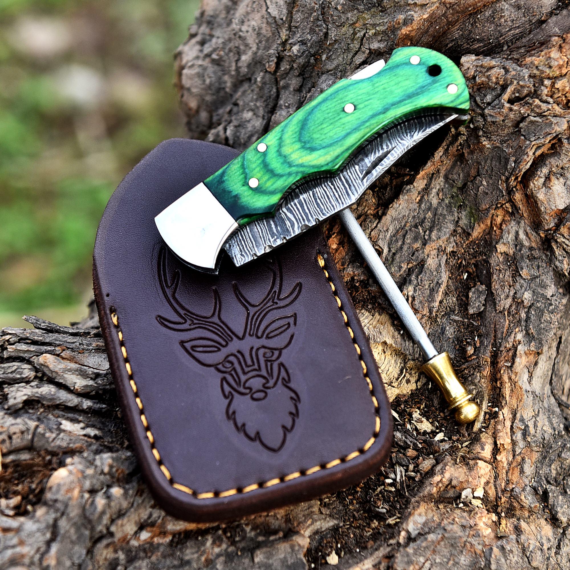 Damascus Steel Folding Knife Pocket Knife, Pakka Wood Handle, Hand Forged Damascus Steel Folding Knife, Retirement Gift, Groomsman Gift