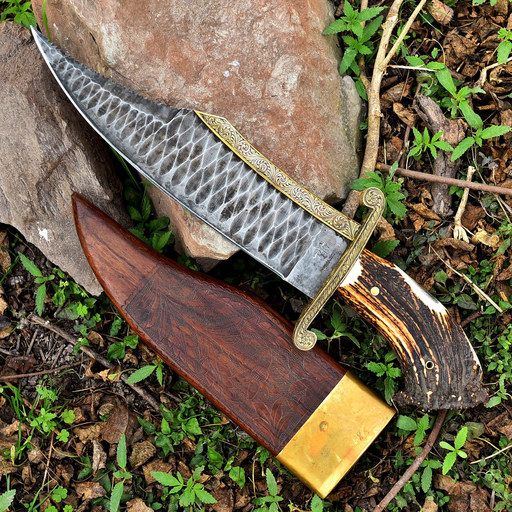 Handmade Full Tang Big Bowie Hunting Knife, Stone Washed Stainless Steel, Stag Horn Brass Handle, Hand Engraved knife, Anniversary Gift