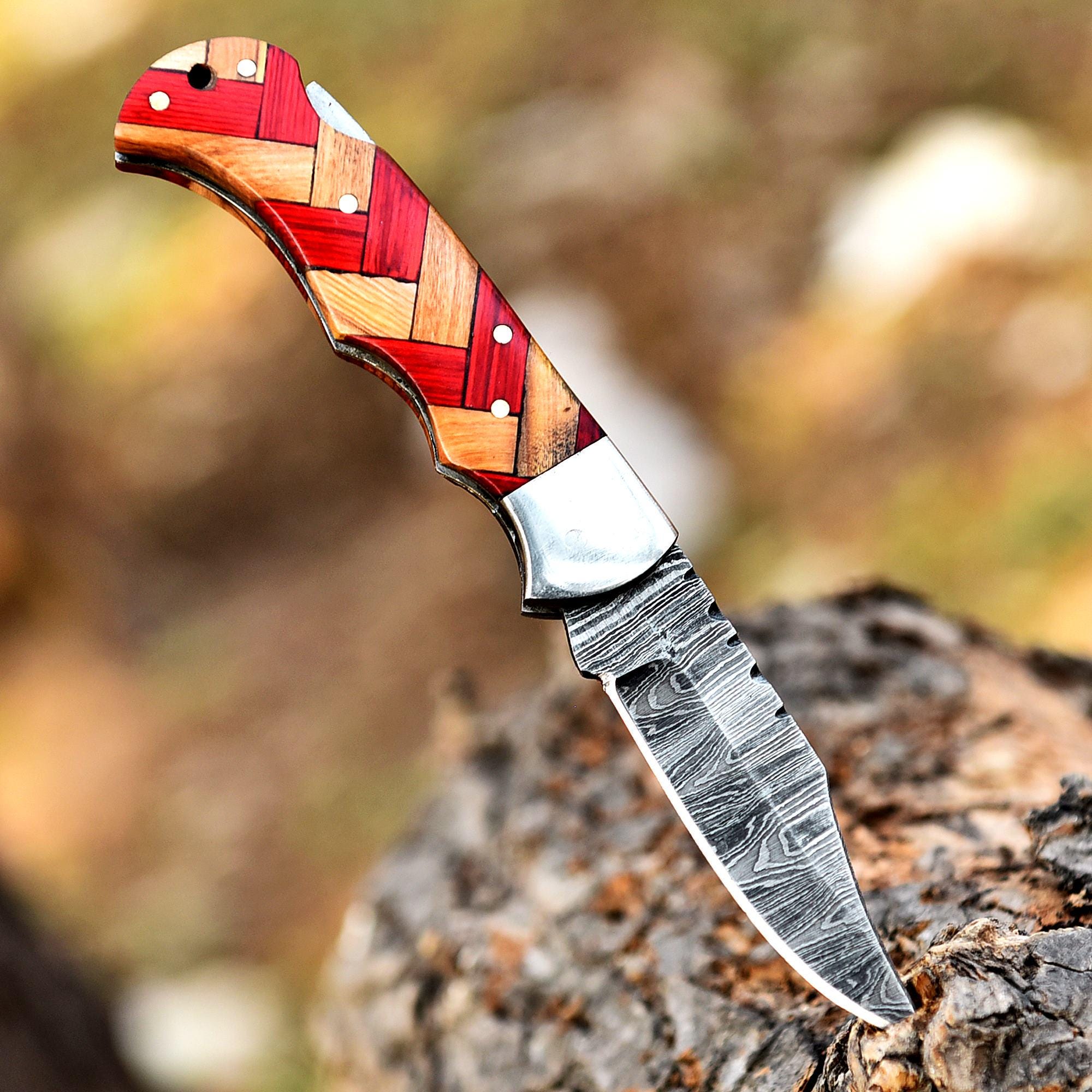Handmade Damascus Pocket Knife Folding Knife Olive Wood Handle Birthday Gift Anniversary Wedding Personalized Gift for Men Groomsmen Gift