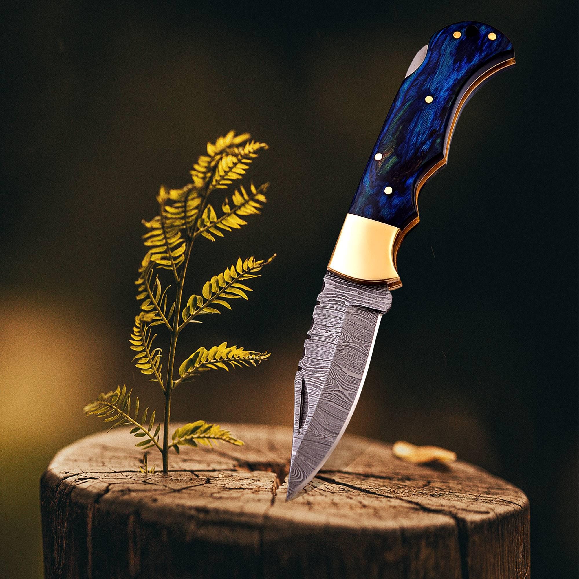 Handmade Damascus Pocket Knife Pakka Blue Handle Leather Sheath Birthday Gift Folding Knife Wedding Anniversary Personalized Gift For Men