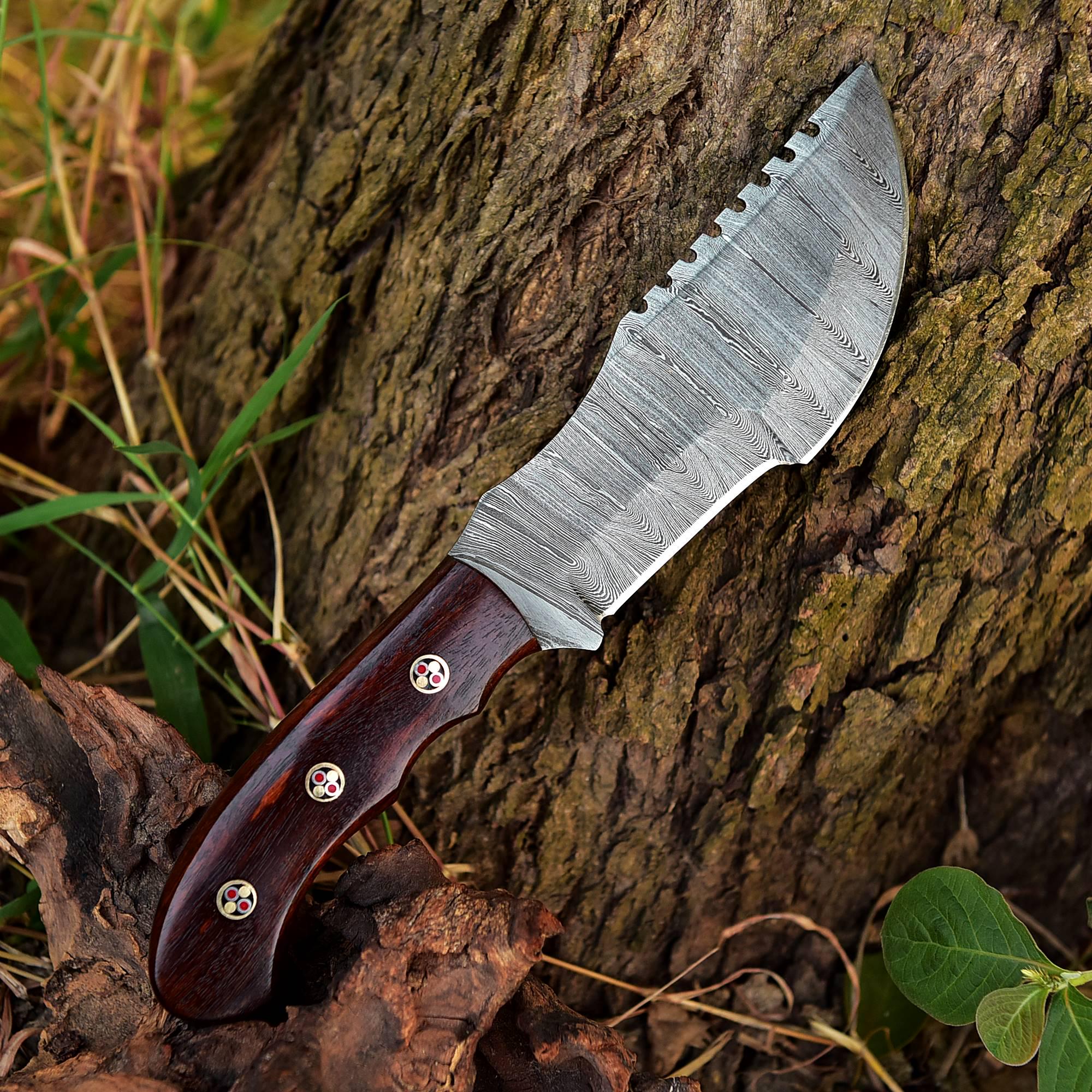 Handmade Damascus Bowie Fixed Blade Knife - Brown Handle
