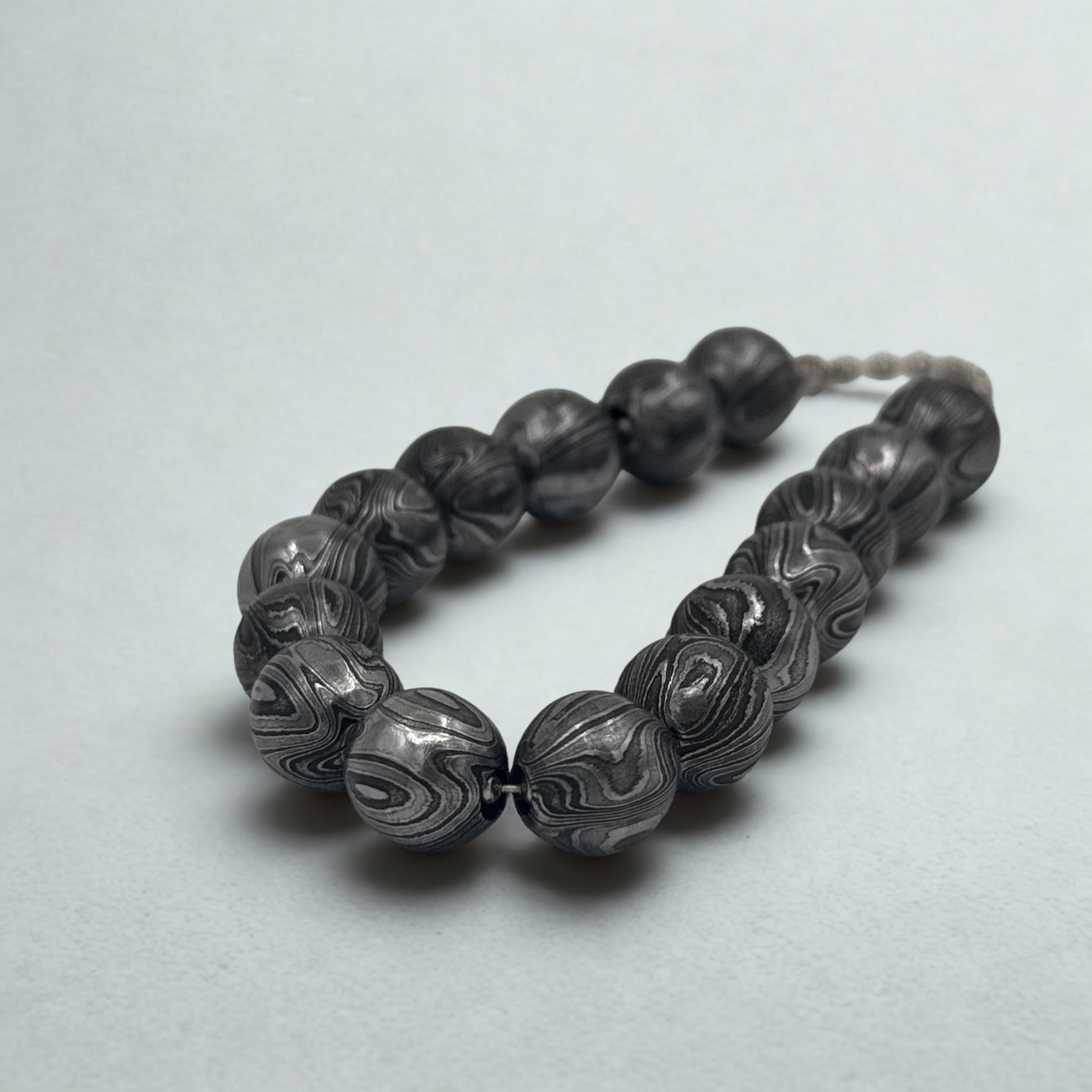 Premium Handmade Damascus Beaded Bracelet for Him - 12mm Beaded Bracelet - Damascus Steel Bangle - Viking Hand Forged Cuff - Meditation Toy