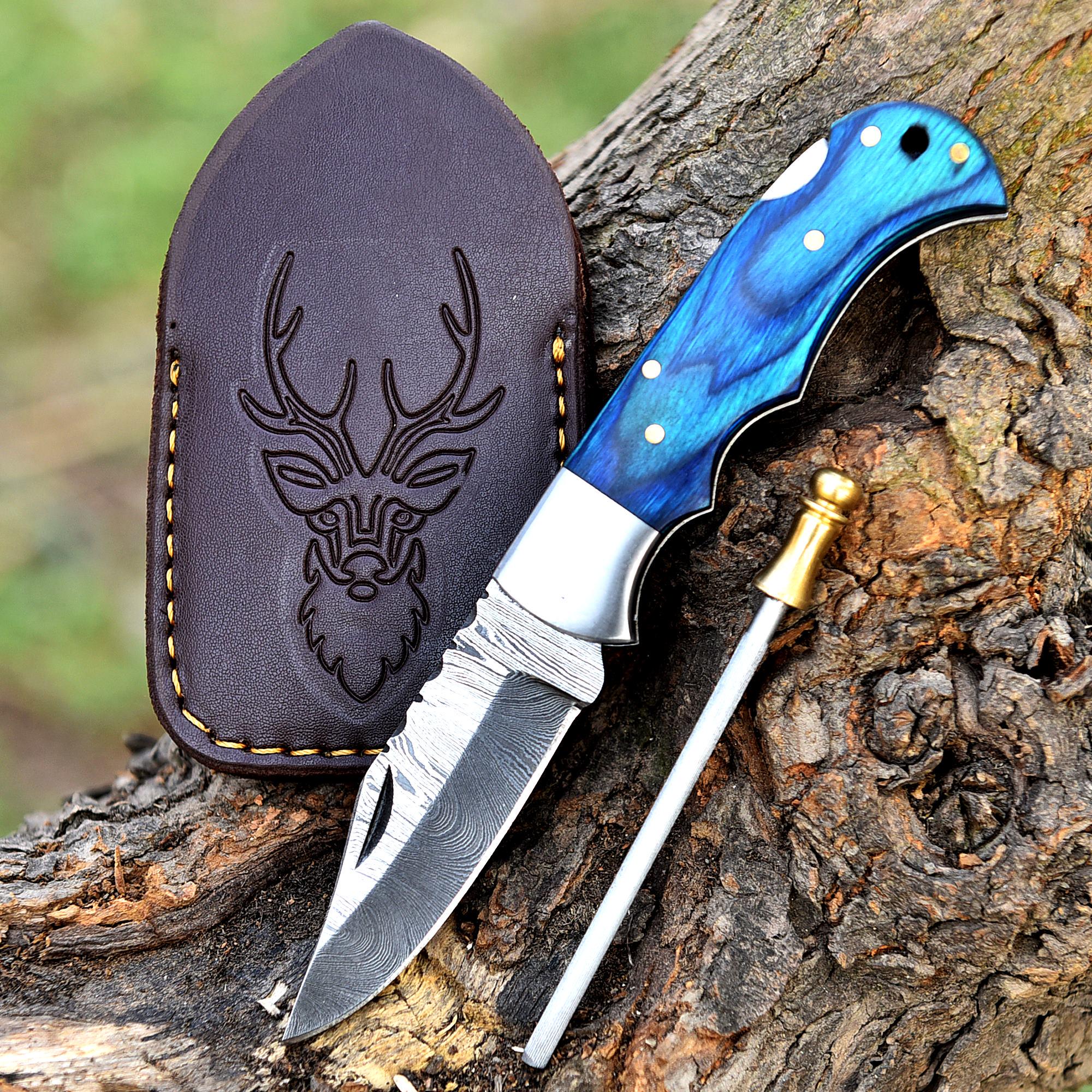 Handmade Damascus Folding Knife Pocket Knife with Leather Sheath, Pakka Wood Handle, Camping Knife, Retirement Gift For Him, Fathers Day