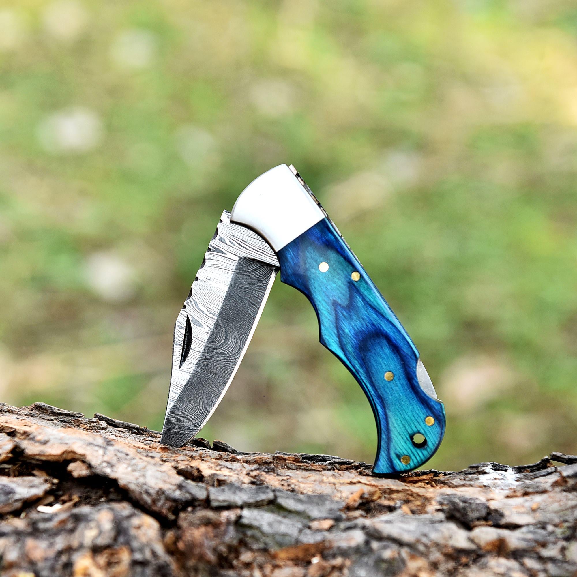 Handmade Damascus Folding Knife Pocket Knife with Leather Sheath, Pakka Wood Handle, Camping Knife, Retirement Gift For Him, Fathers Day
