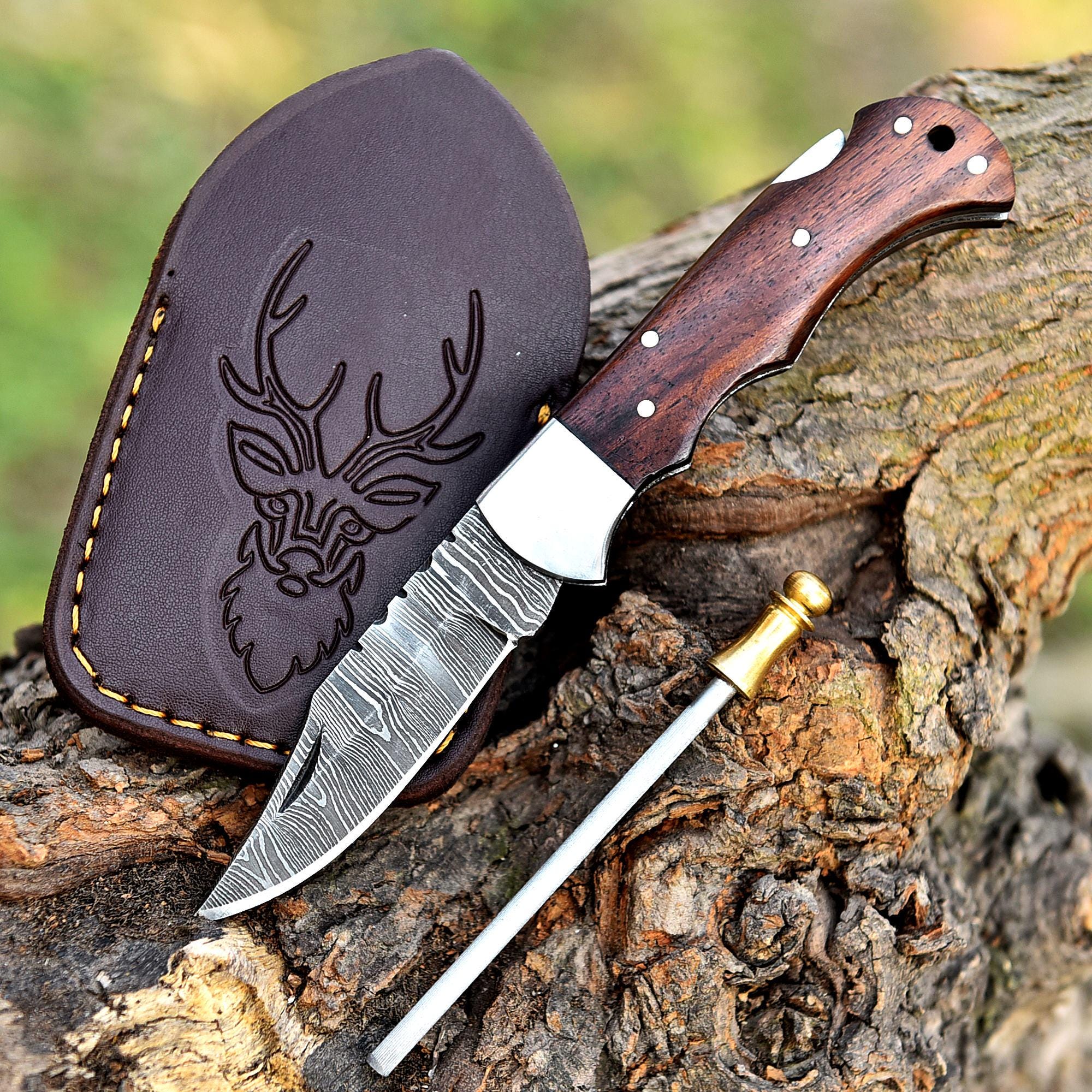Handmade Damascus Pocket Knife Folding Knife Pakka Wood Handle Leather Sheath Birthday Gift Wedding Anniversary Personalized Gift For Men