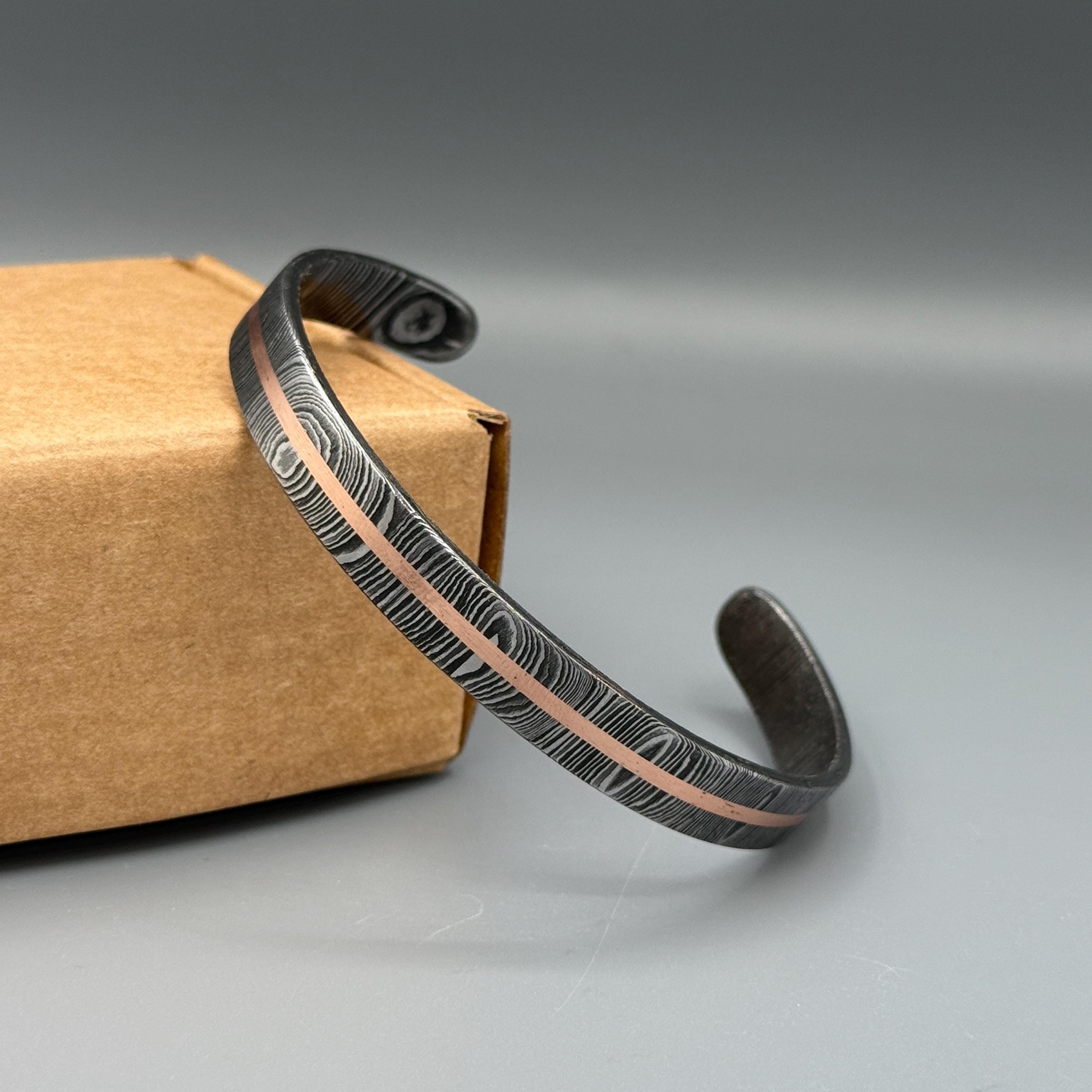 Aesthetic Handmade Damascus Steel Bracelet Bangle, Viking Modern Jewelry, Hand Forged Cuff Bracelet, Damascus Oath Ring, Anniversary Gift