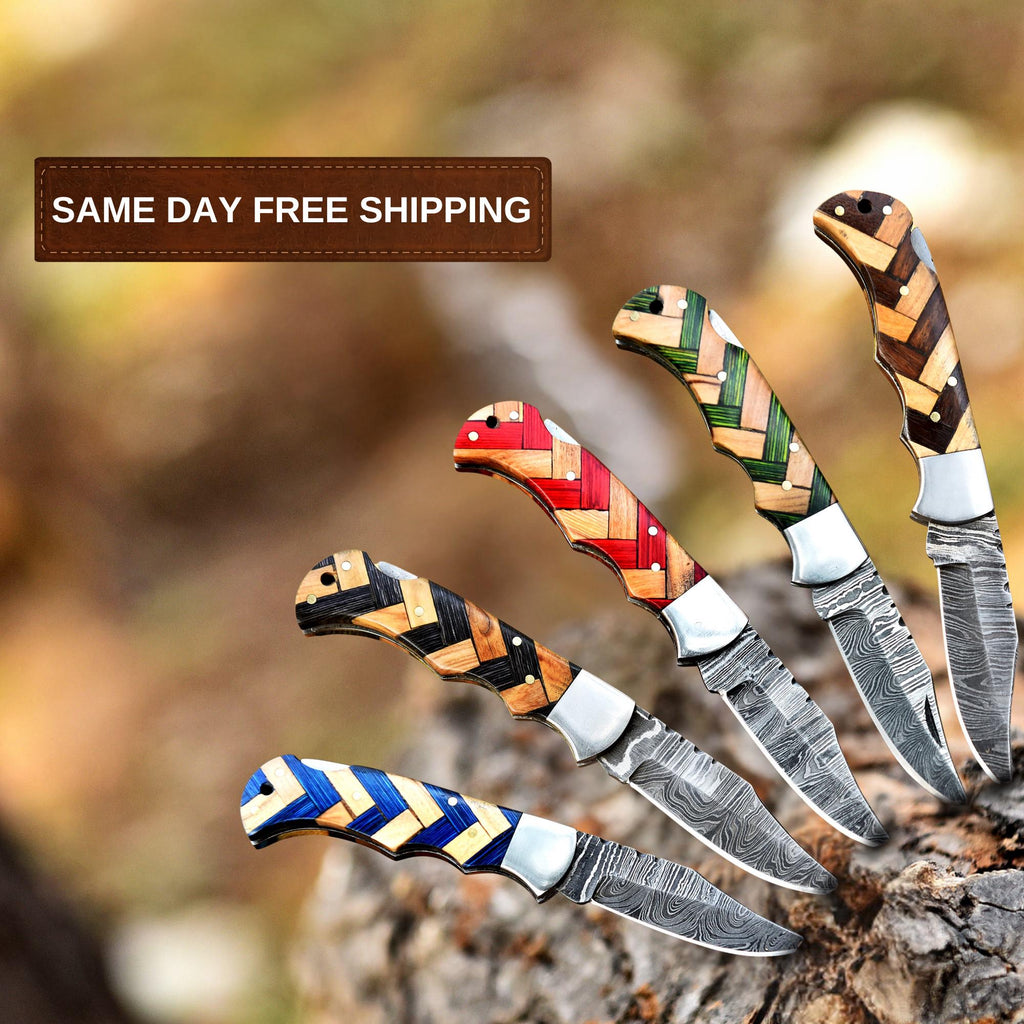 Handmade Damascus Pocket Knife Folding Knife Olive Wood Handle Birthday Gift Anniversary Wedding Personalized Gift for Men Groomsmen Gift