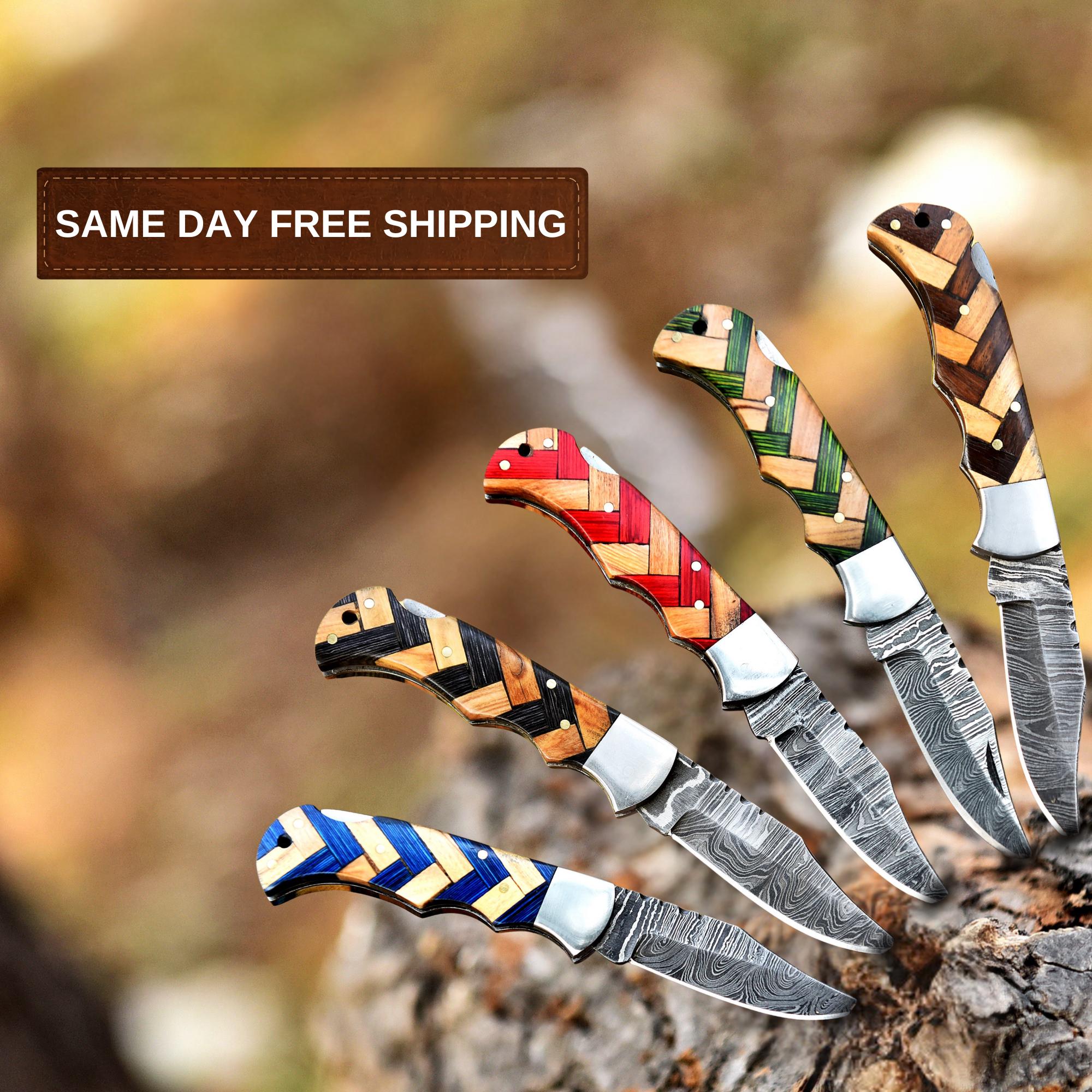 Handmade Damascus Pocket Knife Folding Knife Olive Wood Handle Birthday Gift Anniversary Wedding Personalized Gift for Men Groomsmen Gift