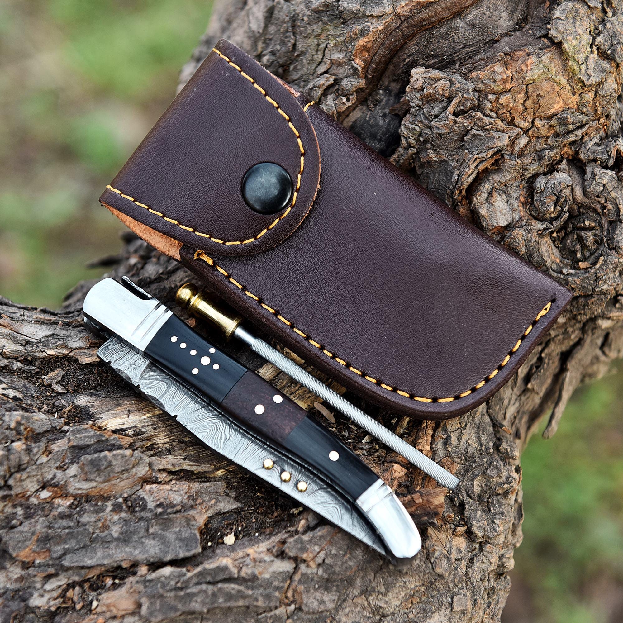 Handmade Damascus Folding Knife Pocket Knife Black Ram Horn Handle Birthday Gift Groomsmen Gift Anniversary Personalized Gift for Men