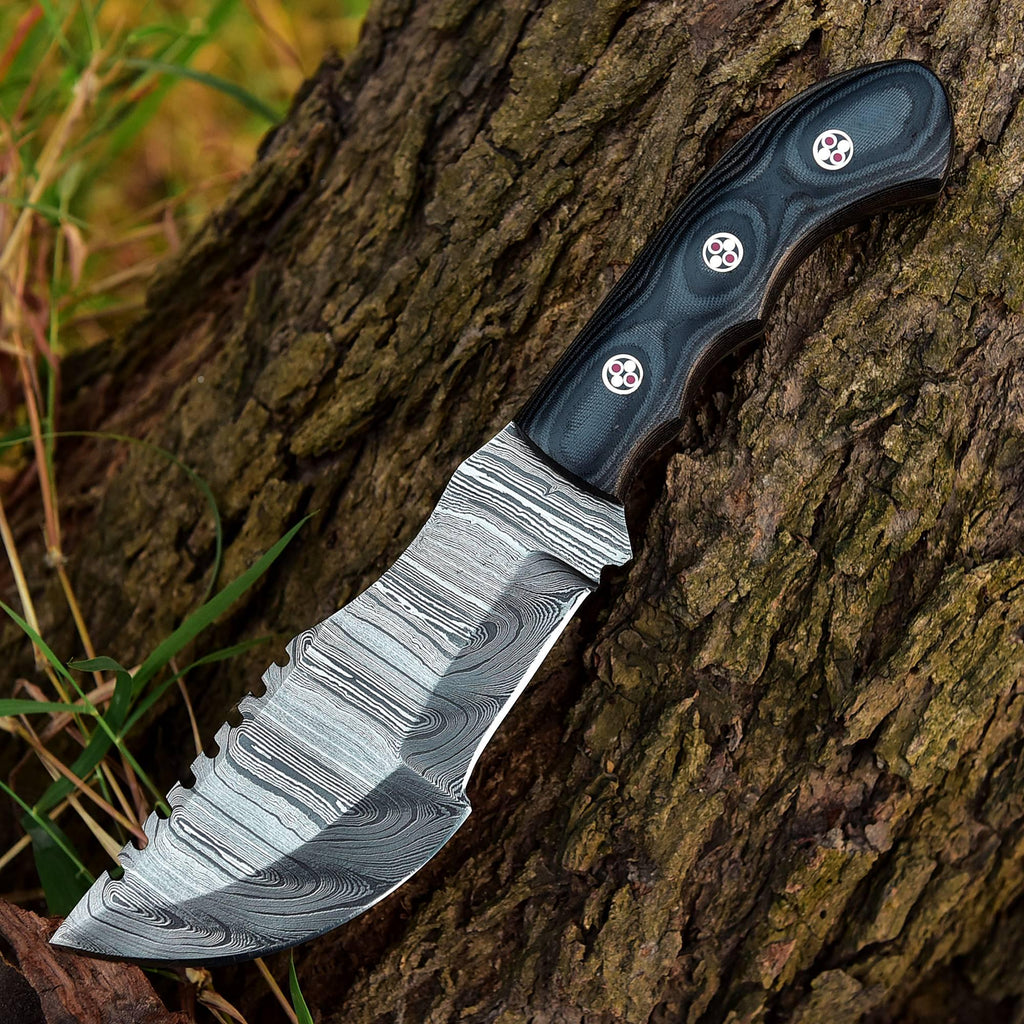 Handmade Damascus Bowie Fixed Blade Knife - Black Handle