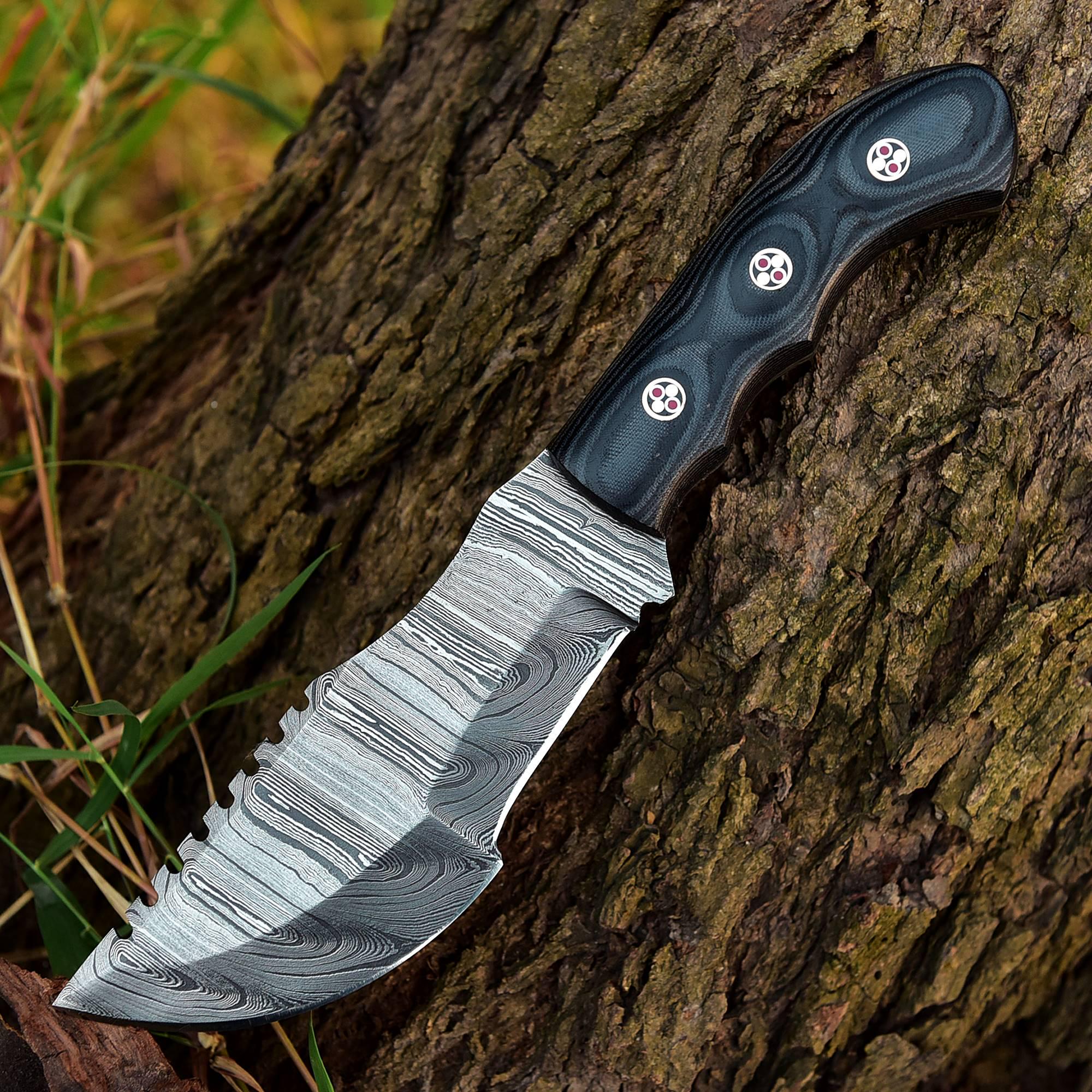Handmade Damascus Bowie Fixed Blade Knife - Black Handle