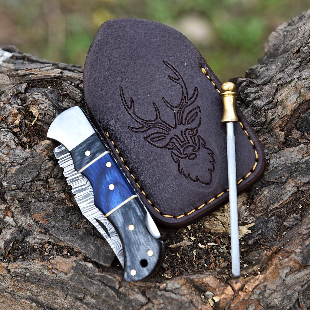 Premium Handmade Damascus Pocket Knife Folding Knife with Leather Sheath & Sharpener, Pakka Wood Handle, Chef knife, Valorant Knife