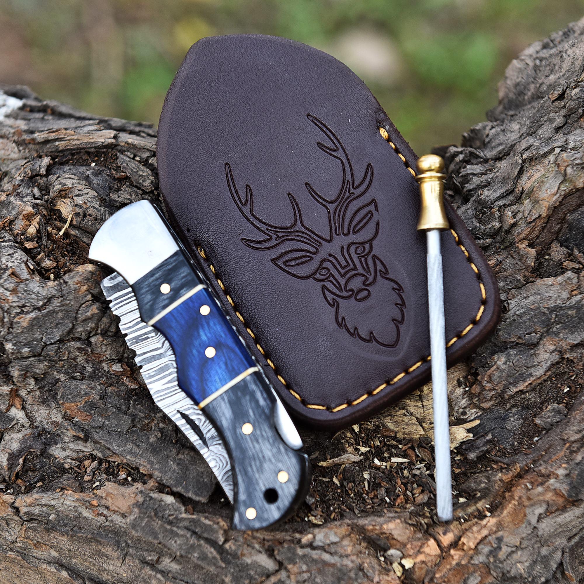 Premium Handmade Damascus Pocket Knife Folding Knife with Leather Sheath & Sharpener, Pakka Wood Handle, Chef knife, Valorant Knife