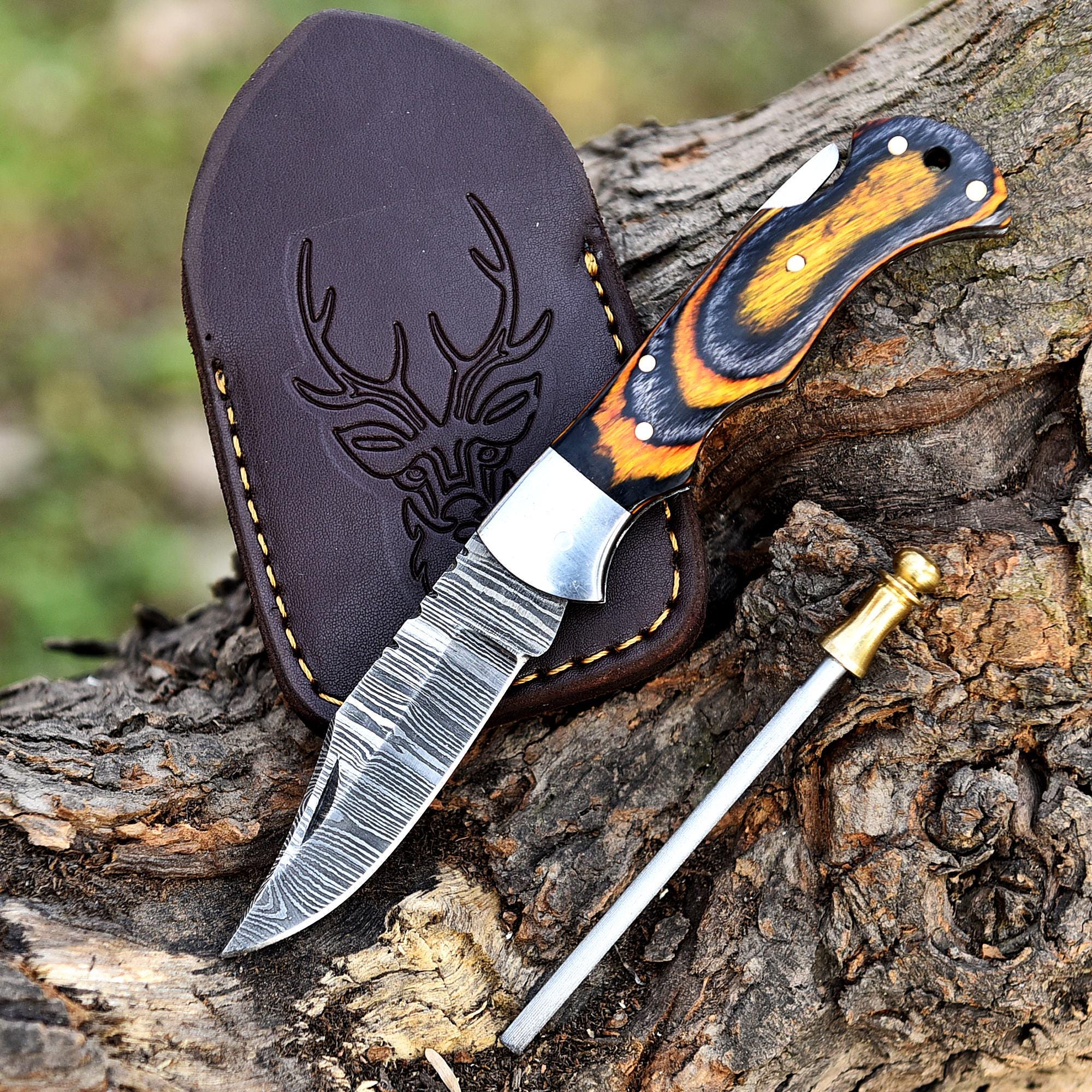 Handmade Damascus Steel Folding Knife Pocket Knife, King's Claw Pakka Wood Handle, Retirement Gift, Camping Knife, Birthday Gift