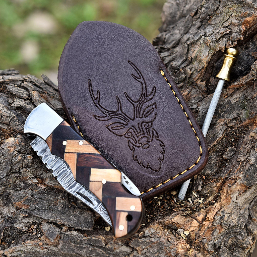 Handmade Damascus Pocket Knife Folding Knife Olive Wood Handle Birthday Gift Anniversary Wedding Personalized Gift for Men Groomsmen Gift