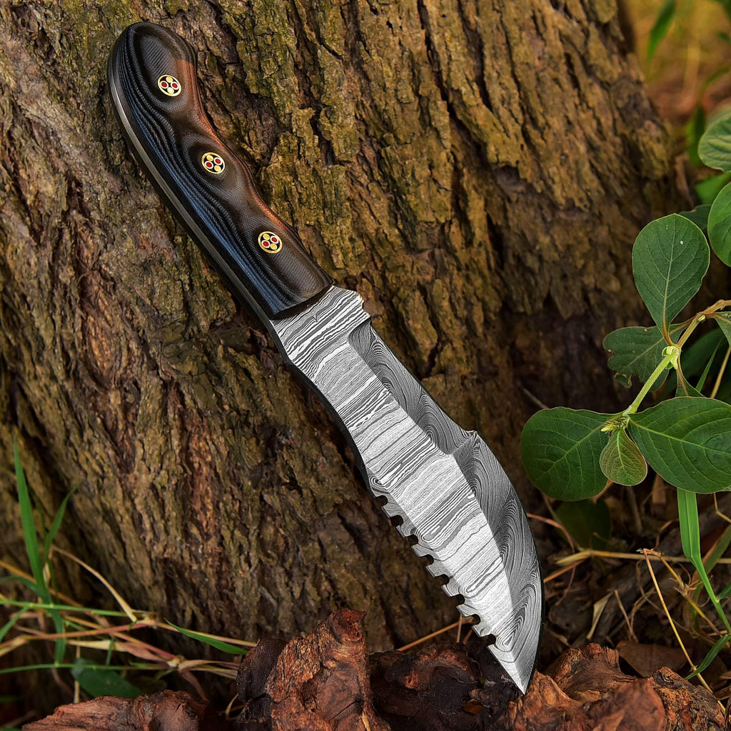Handmade Damascus Bowie Fixed Blade Knife - Black Handle