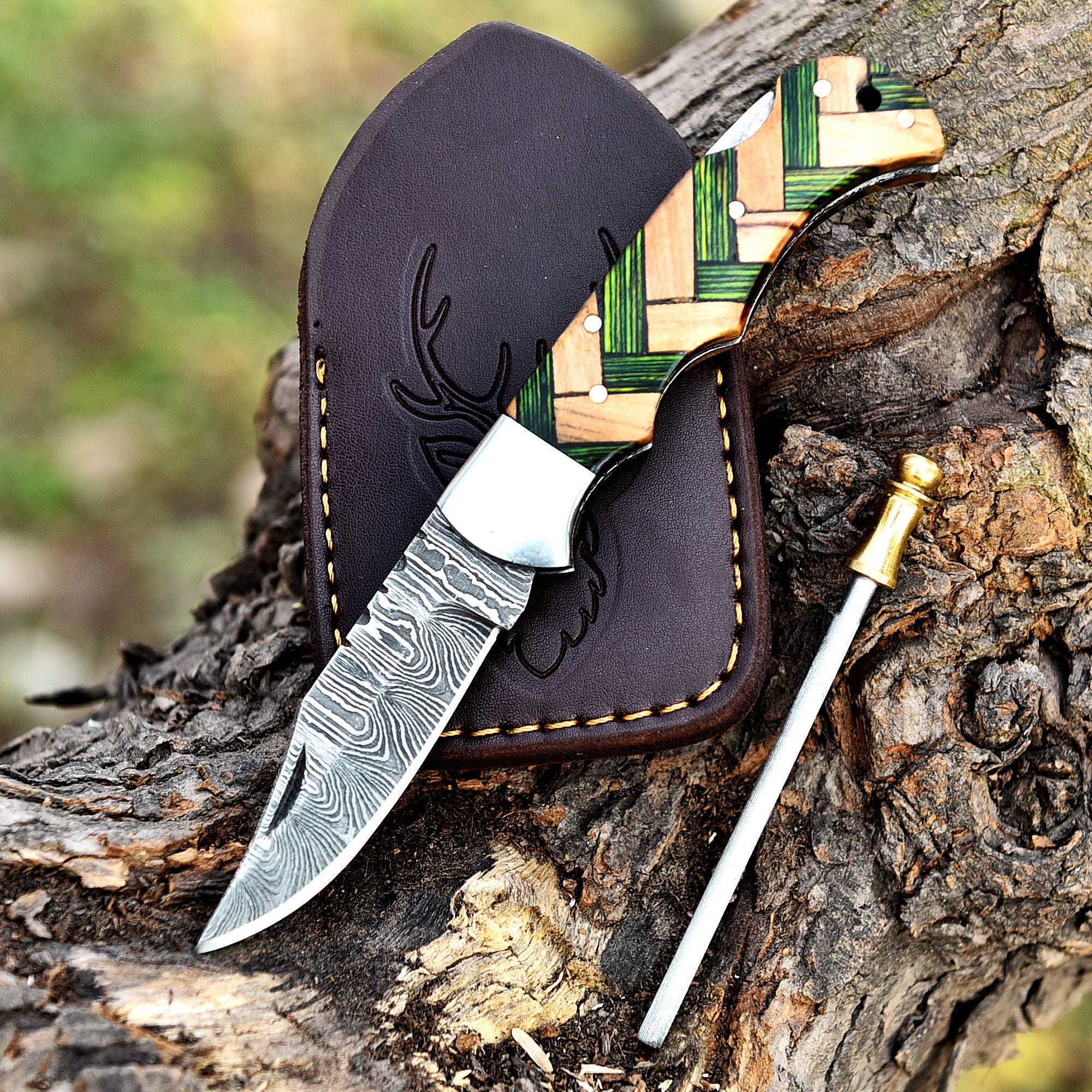 Handmade Damascus Pocket Knife Folding Knife Olive Wood Handle Birthday Gift Anniversary Wedding Personalized Gift for Men Groomsmen Gift