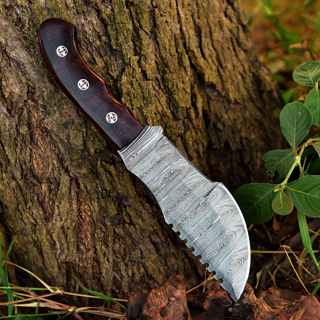Handmade Damascus Bowie Fixed Blade Knife - Brown Handle