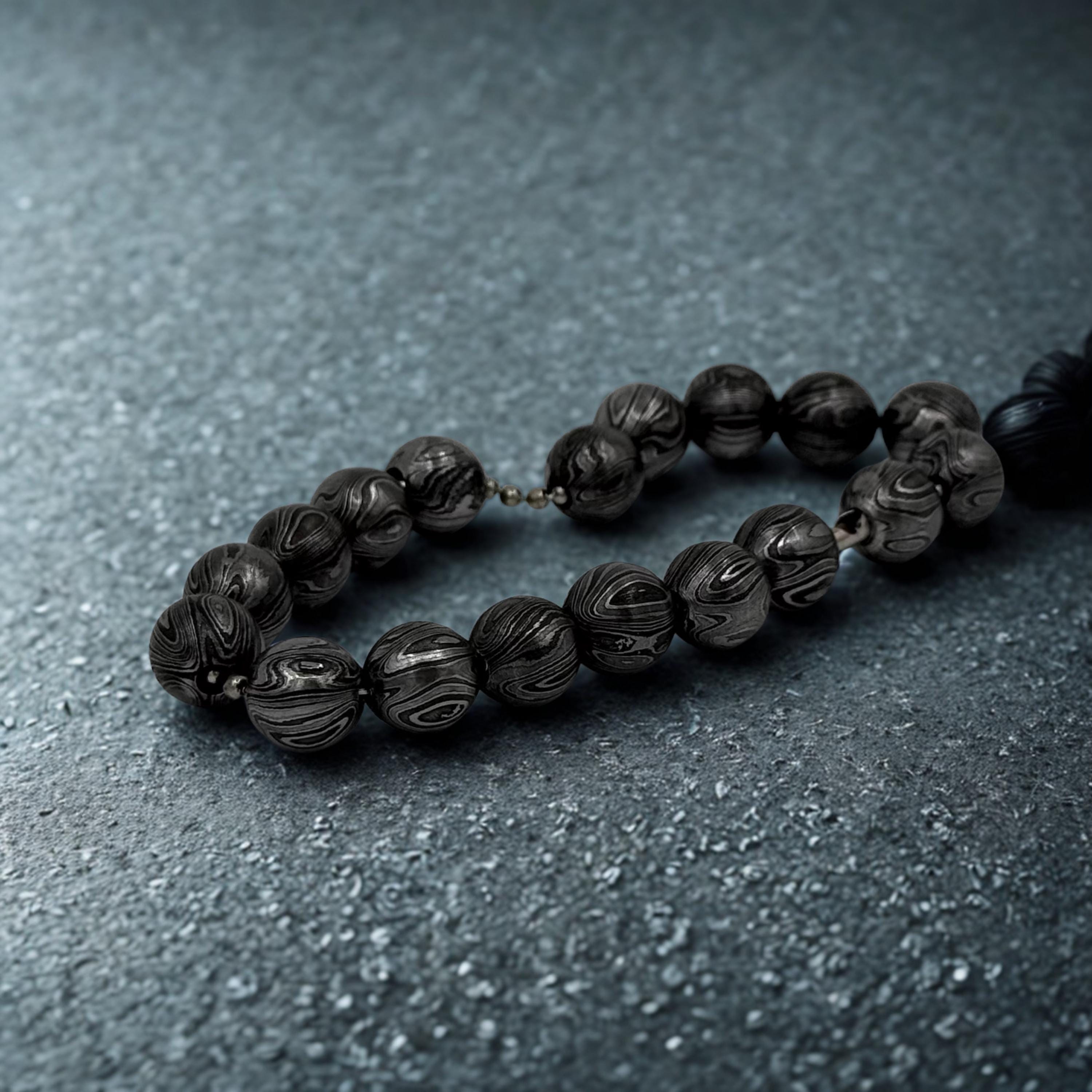 Premium Handmade Damascus Beaded Bracelet for Him - 12mm Beaded Bracelet - Damascus Steel Bangle - Viking Hand Forged Cuff - Meditation Toy