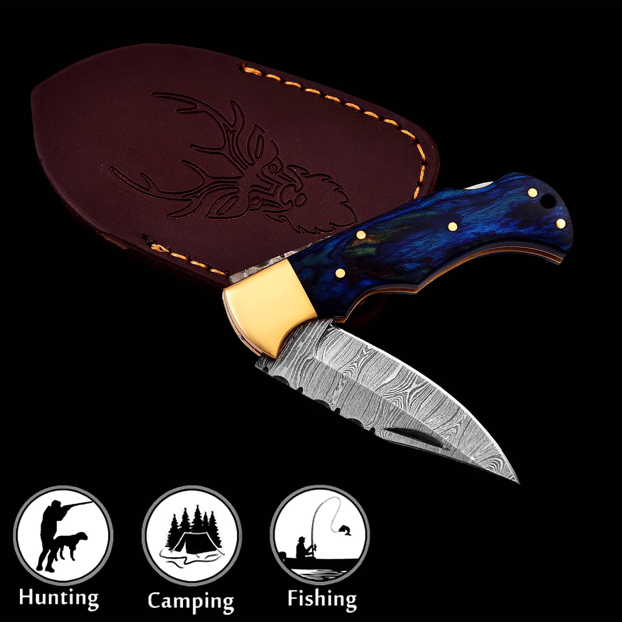 Handmade Damascus Pocket Knife Pakka Blue Handle Leather Sheath Birthday Gift Folding Knife Wedding Anniversary Personalized Gift For Men