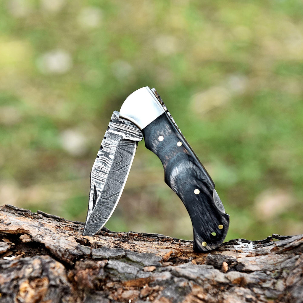 Premium Handmade Damascus Pocket Knife, Pakka Wood Handle, Folding Knife with Leather Sheath, Valorant Knife, Bread Knife, Fathers Day Gift