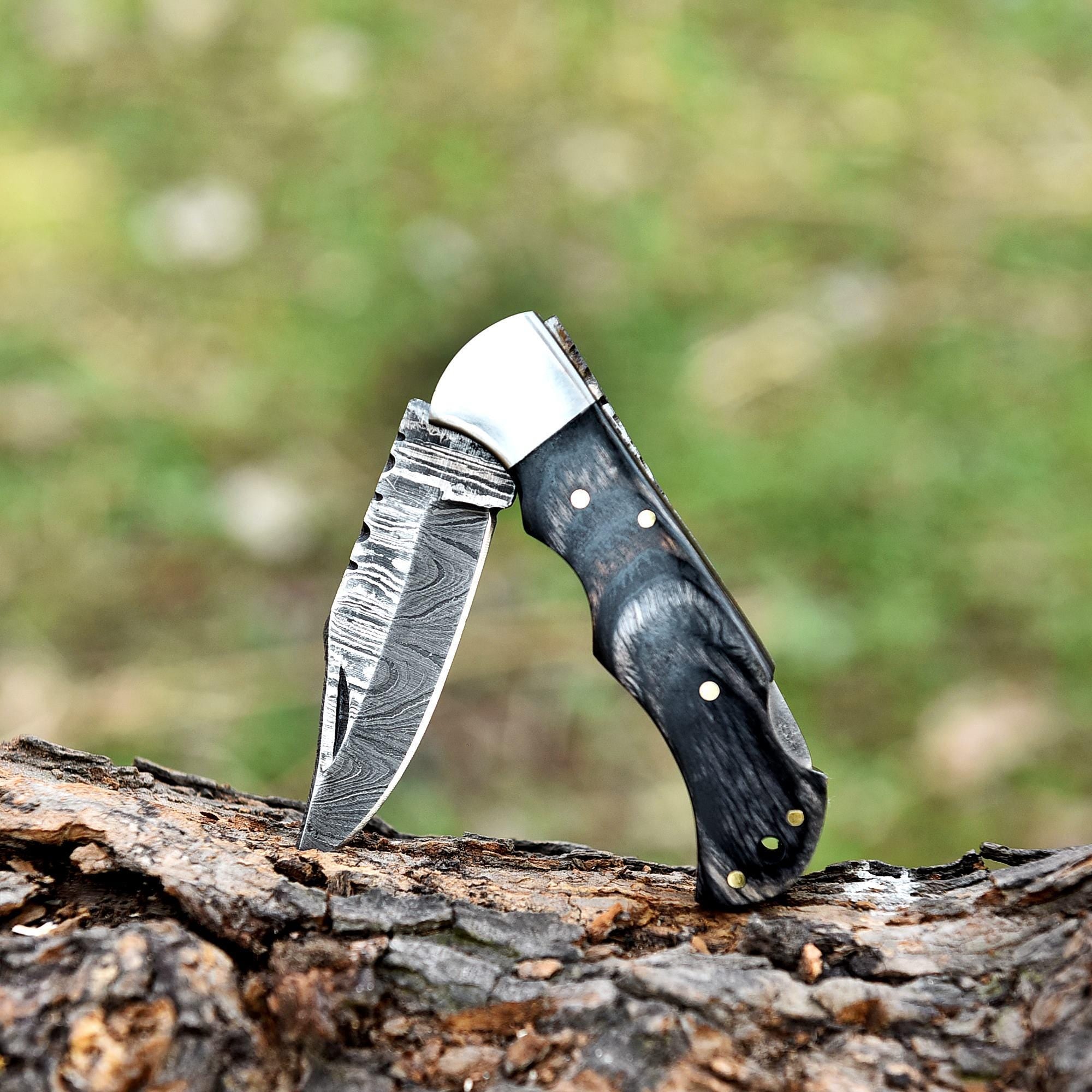 Premium Handmade Damascus Pocket Knife, Pakka Wood Handle, Folding Knife with Leather Sheath, Valorant Knife, Bread Knife, Fathers Day Gift