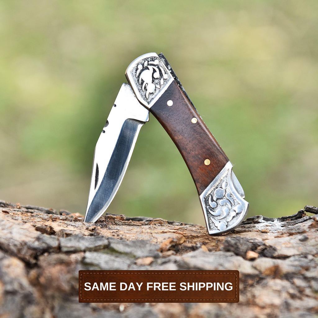 Handmade Steel Folding Knife Pocket Knife, Rose Wood Handle, Gorgeous Handmade Steel Toxified Pocket Knife, Camping Knife, Retirement Gift