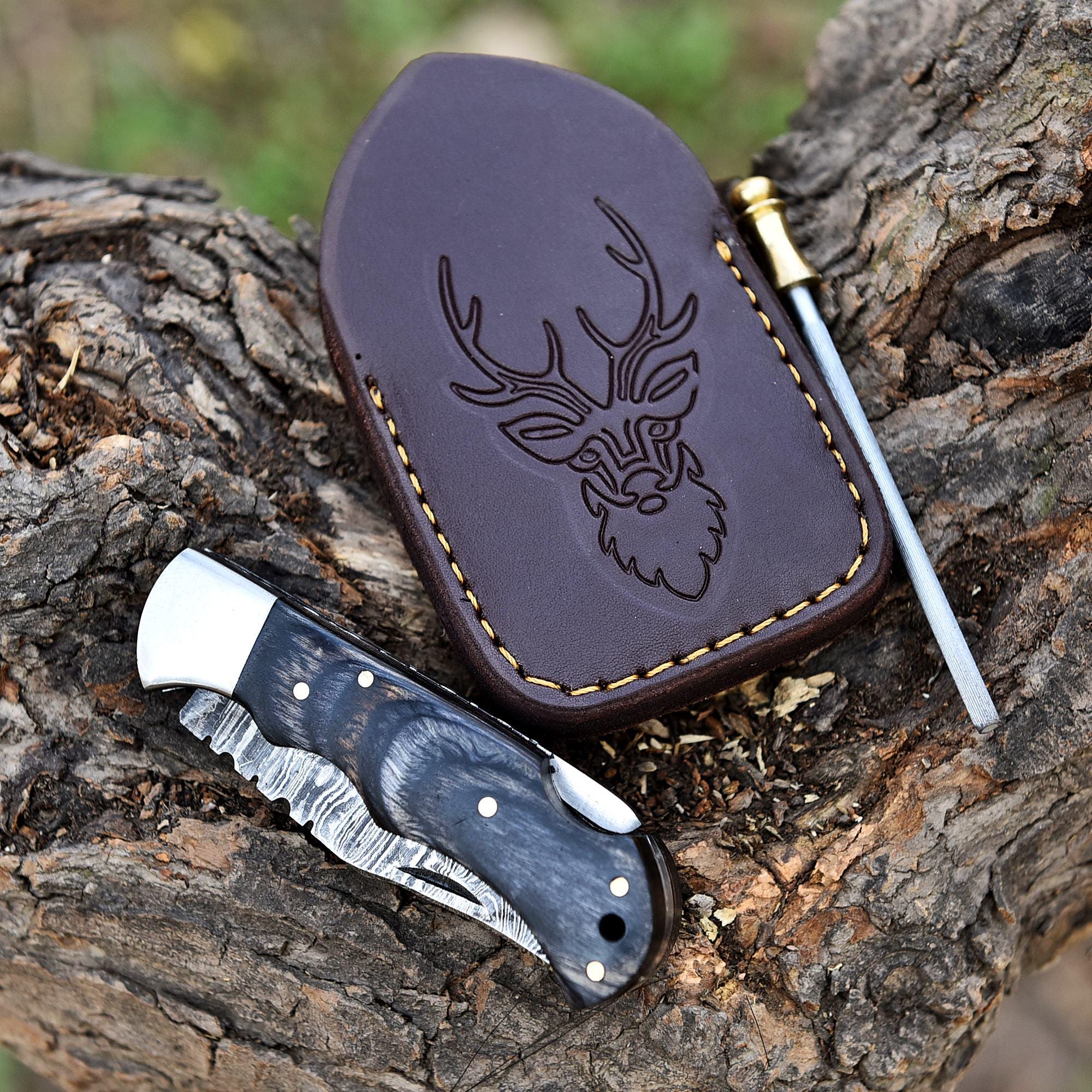 Premium Handmade Damascus Pocket Knife, Pakka Wood Handle, Folding Knife with Leather Sheath, Valorant Knife, Bread Knife, Fathers Day Gift